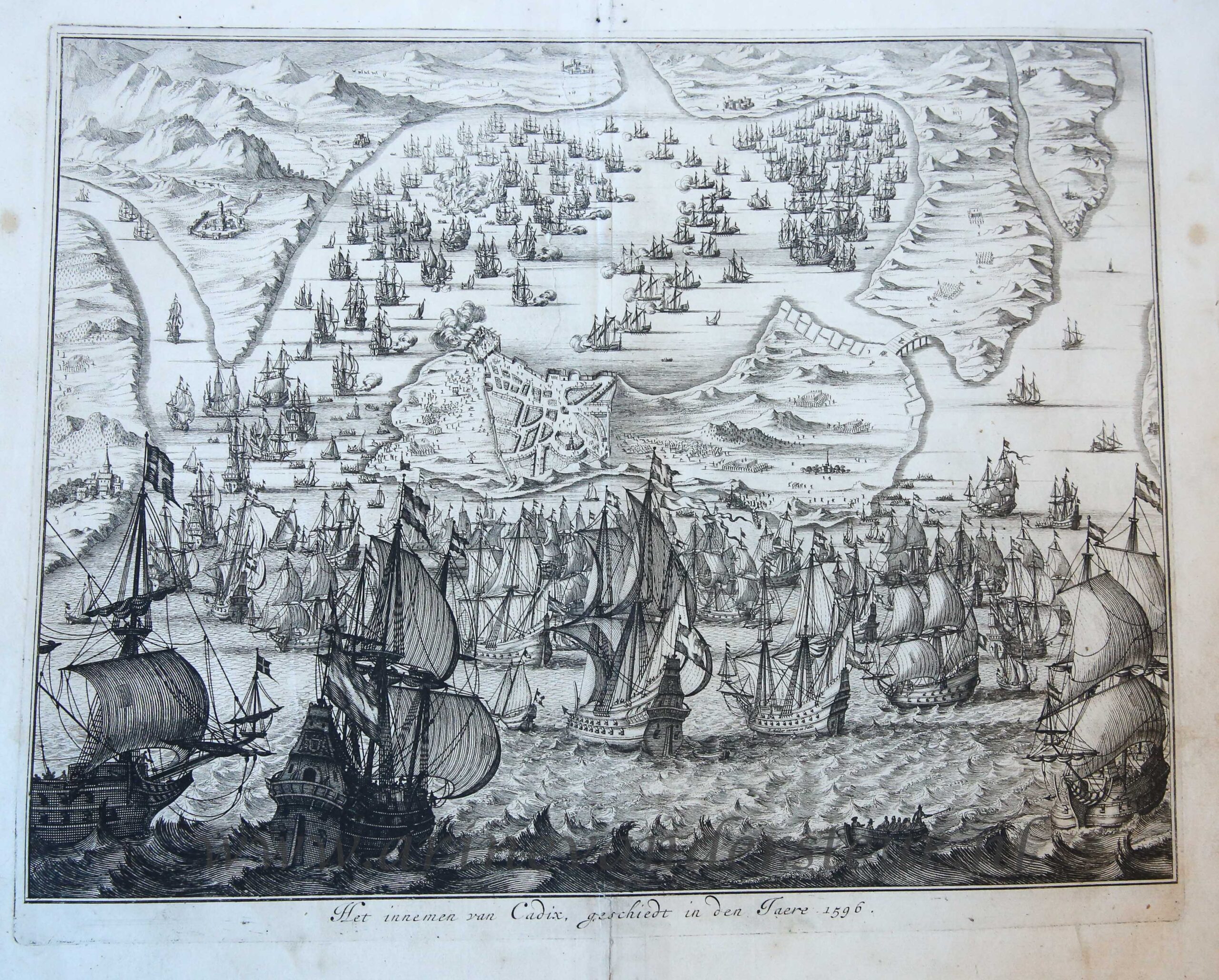 [History print published 1684] 'Het innemen van Cadix'; Capture of Cádiz, 1596.