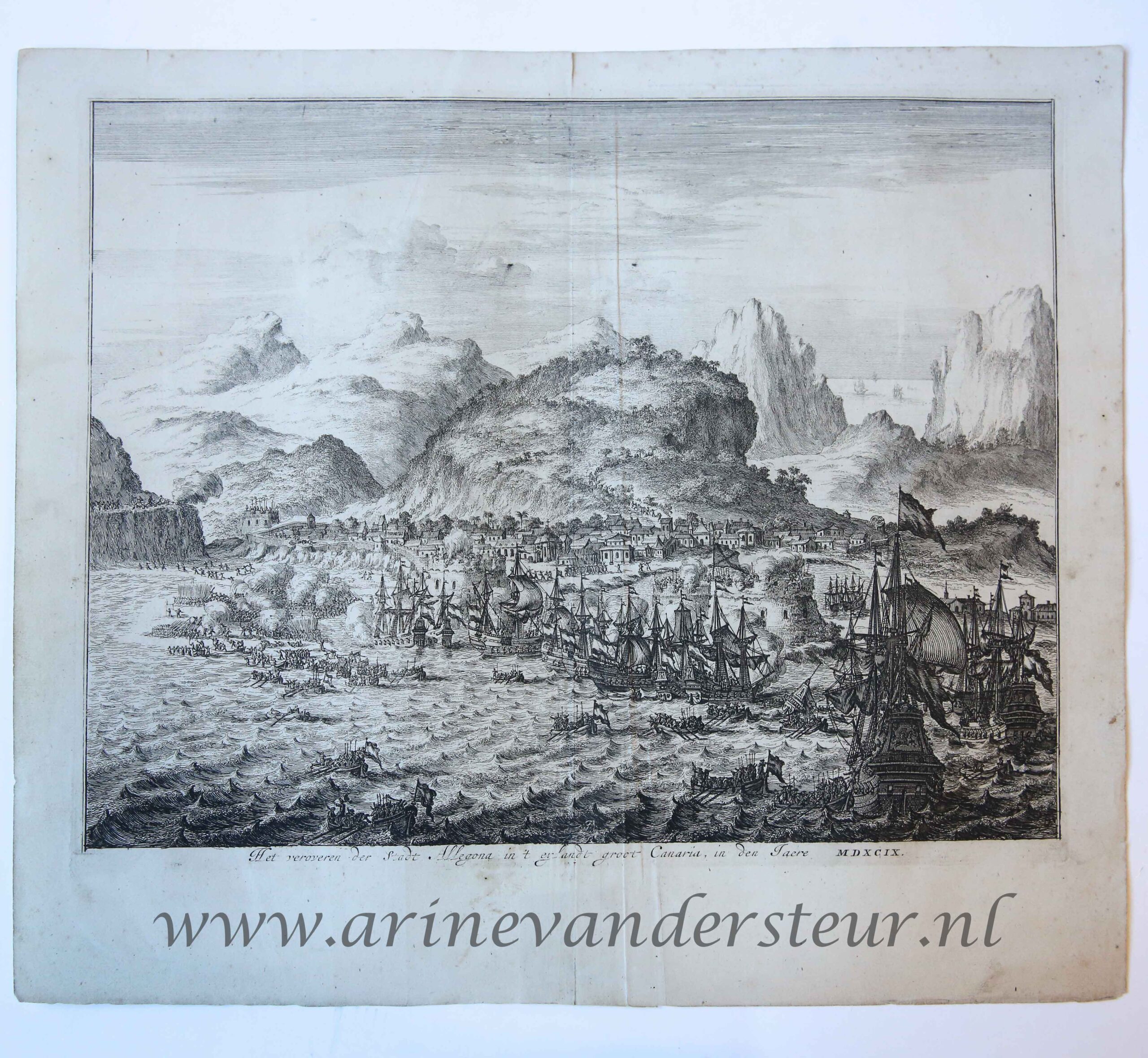[History print Gran Canaria published 1684] 'Het veroveren der Stadt Allegona in 't eylandt groot Canaria'; capture of the city Allegona on Gran Canaria, 1599