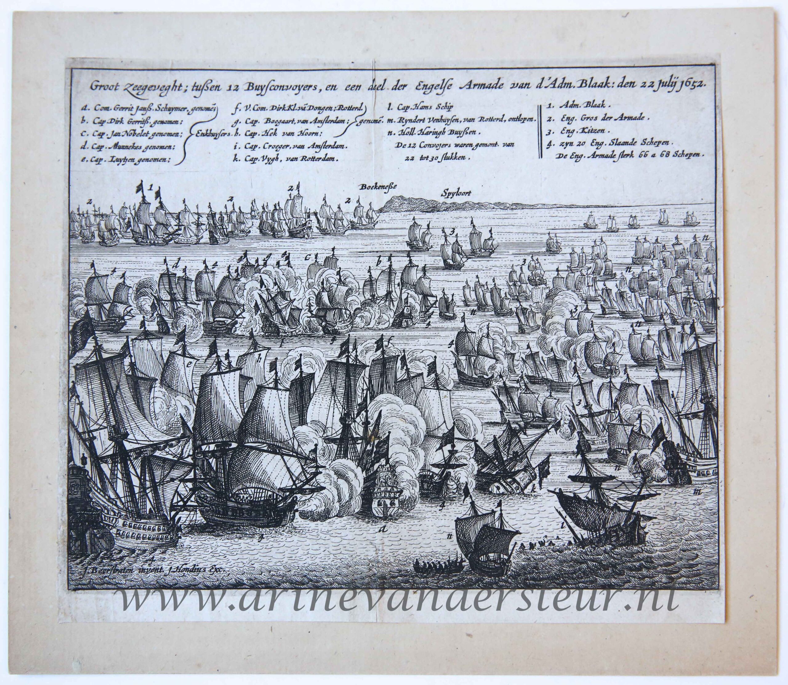 [Antique history print, etching] 'Groot Zeegeveght; tussen 12 Buysconvoyeurs, een deel der Engelse Armade van d’Adm. Blaak'; sea battle between Dutch and English fleet, 1652, published 1656.