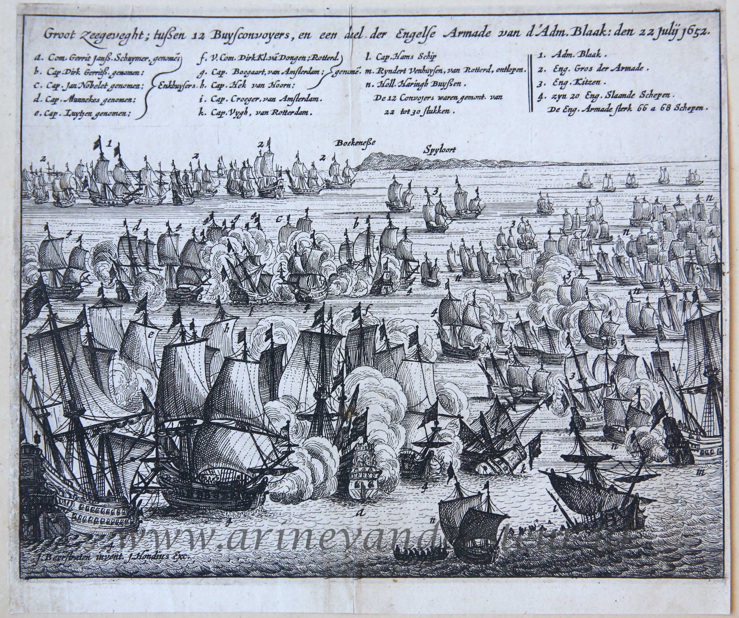 [Antique history print, etching] 'Groot Zeegeveght; tussen 12 Buysconvoyeurs, een deel der Engelse Armade van d’Adm. Blaak'; sea battle between Dutch and English fleet, 1652, published 1656.