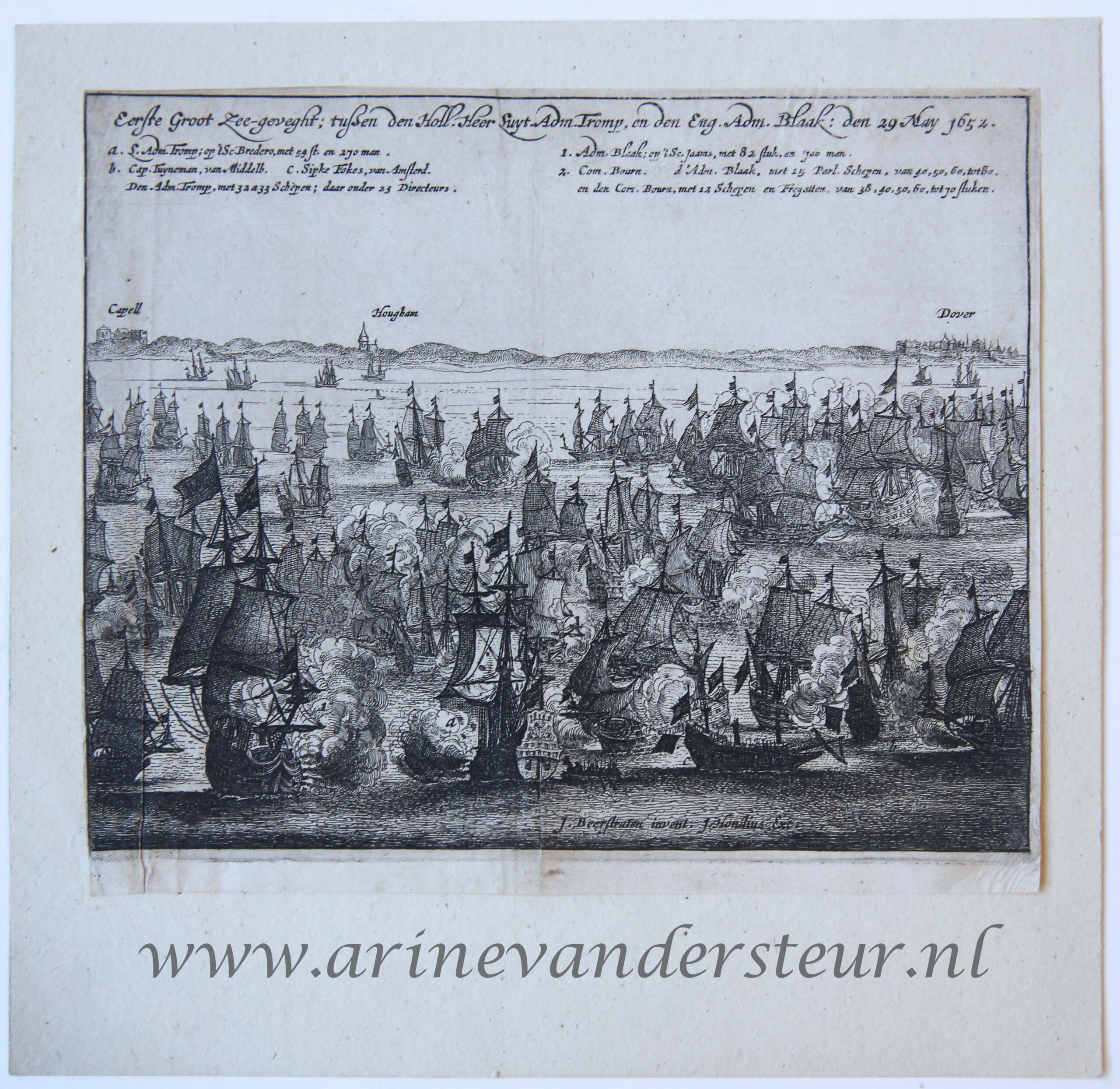[Antique print, etching] 'Eerste Groot Zee-geveght; tussen den Holl. Heer. Luyt. Adm. Tromp, en den Eng. Adm. Blaak'; Battle of Goodwin Sands, published 1652