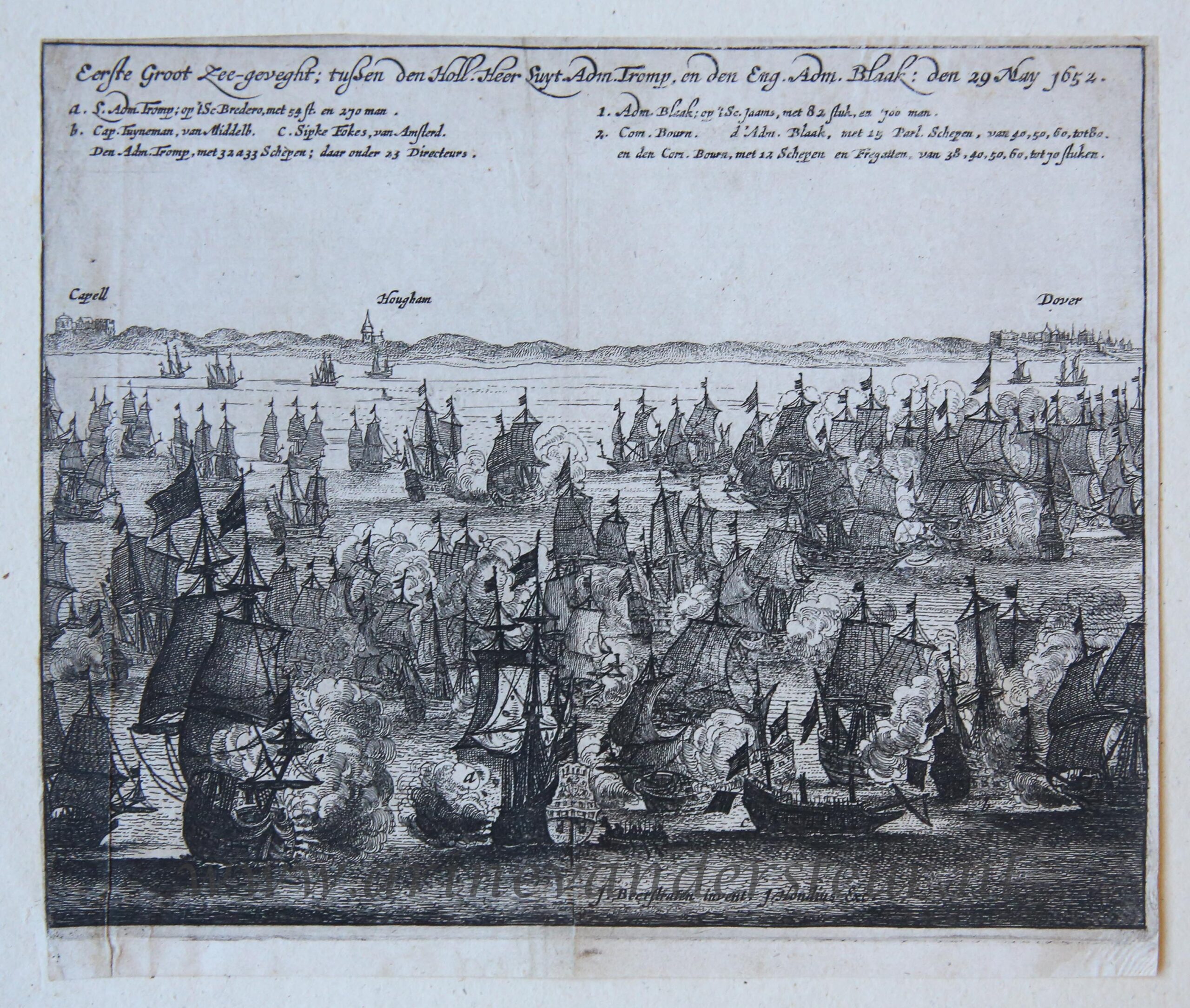 [Antique print, etching] 'Eerste Groot Zee-geveght; tussen den Holl. Heer. Luyt. Adm. Tromp, en den Eng. Adm. Blaak'; Battle of Goodwin Sands, published 1652