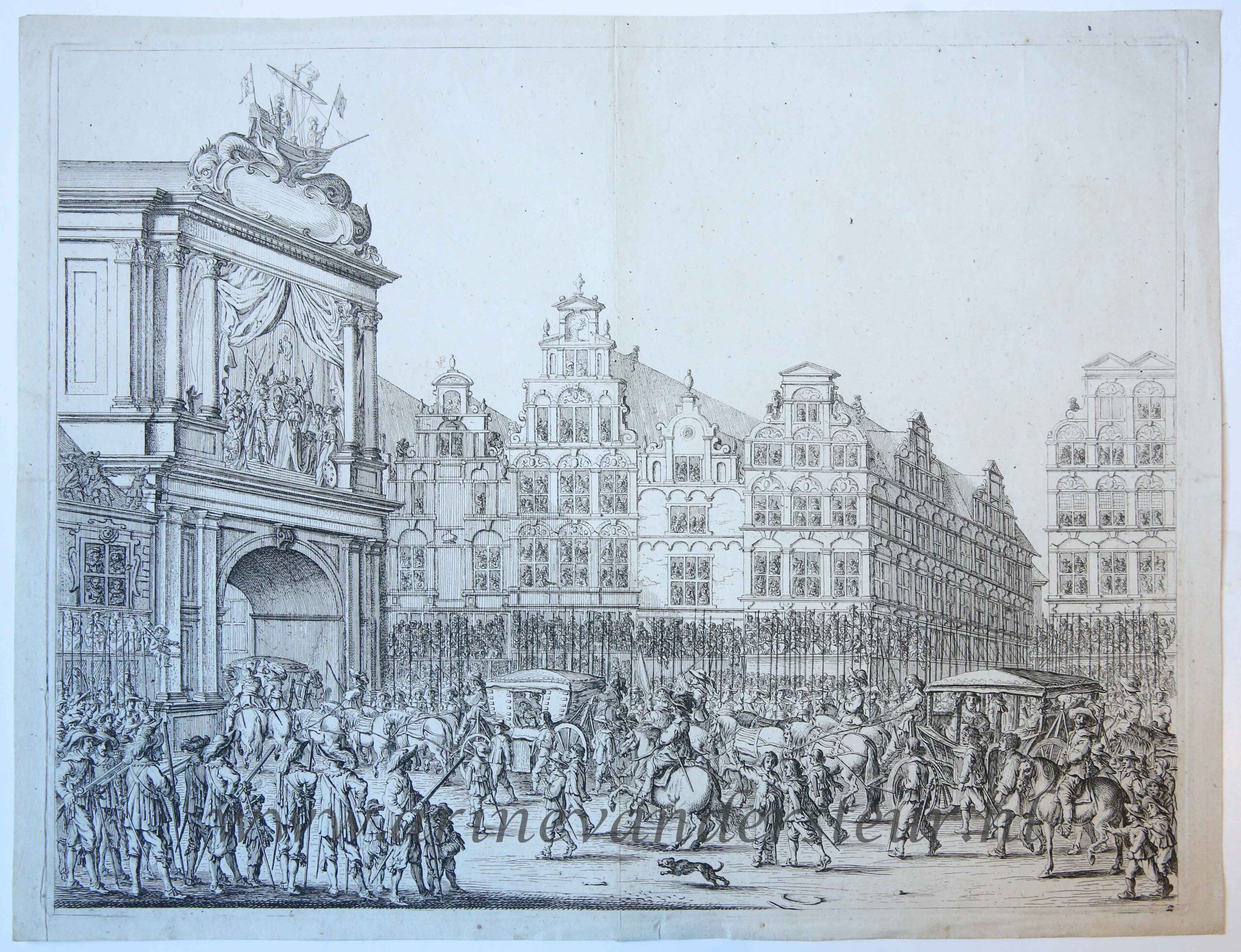 [Antique print, etching] Arrival of procession of Maria de' Medici along the Nieuwendijk on the Dam, 1638, published 1639.