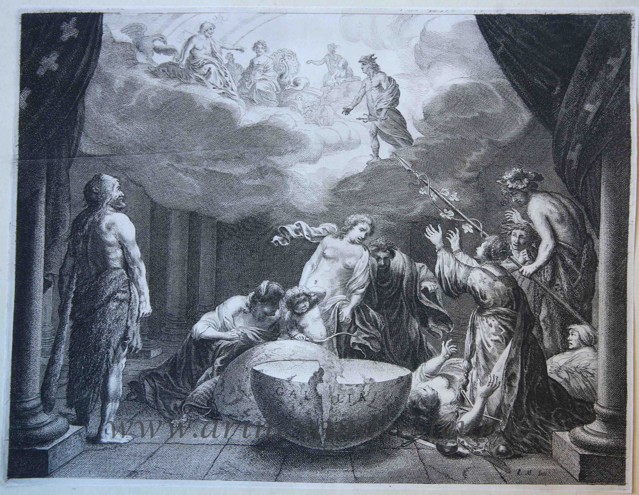 [Antique etching, allegory] French maiden begs the gods for help, image from the triumphal arch for Maria de' Medici, Amsterdam 1638, published 1639.