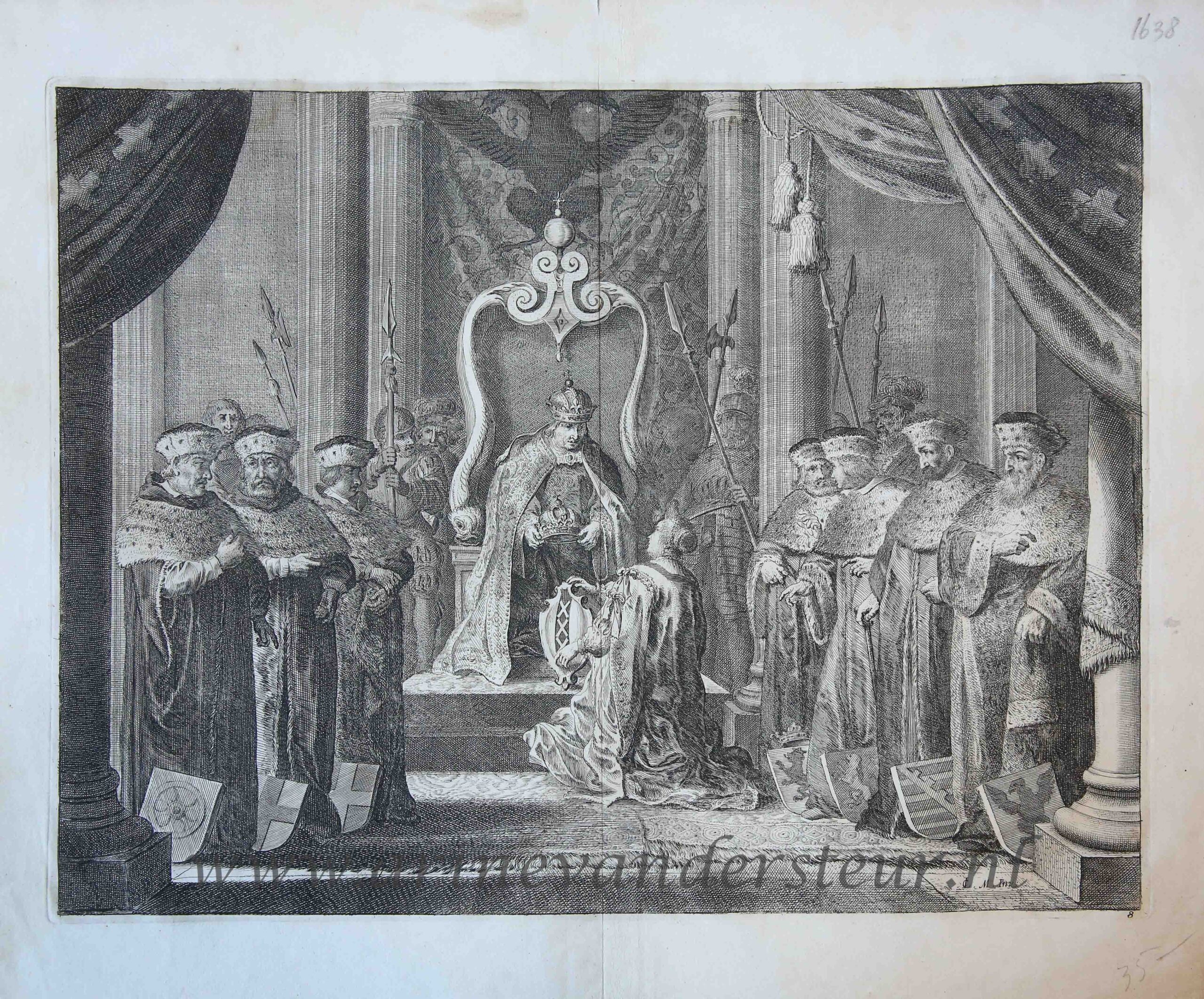 [Antique history print, etching] Amsterdam receives the imperial crown from Emperor Maximilian, published 1639.