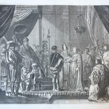 [Antique history print, etching] Wedding Francesco I de' Medici and Joanna of Austria; image from the triumphal arch for Maria de' Medici's entry into Amsterdam, 1638, published 1639.