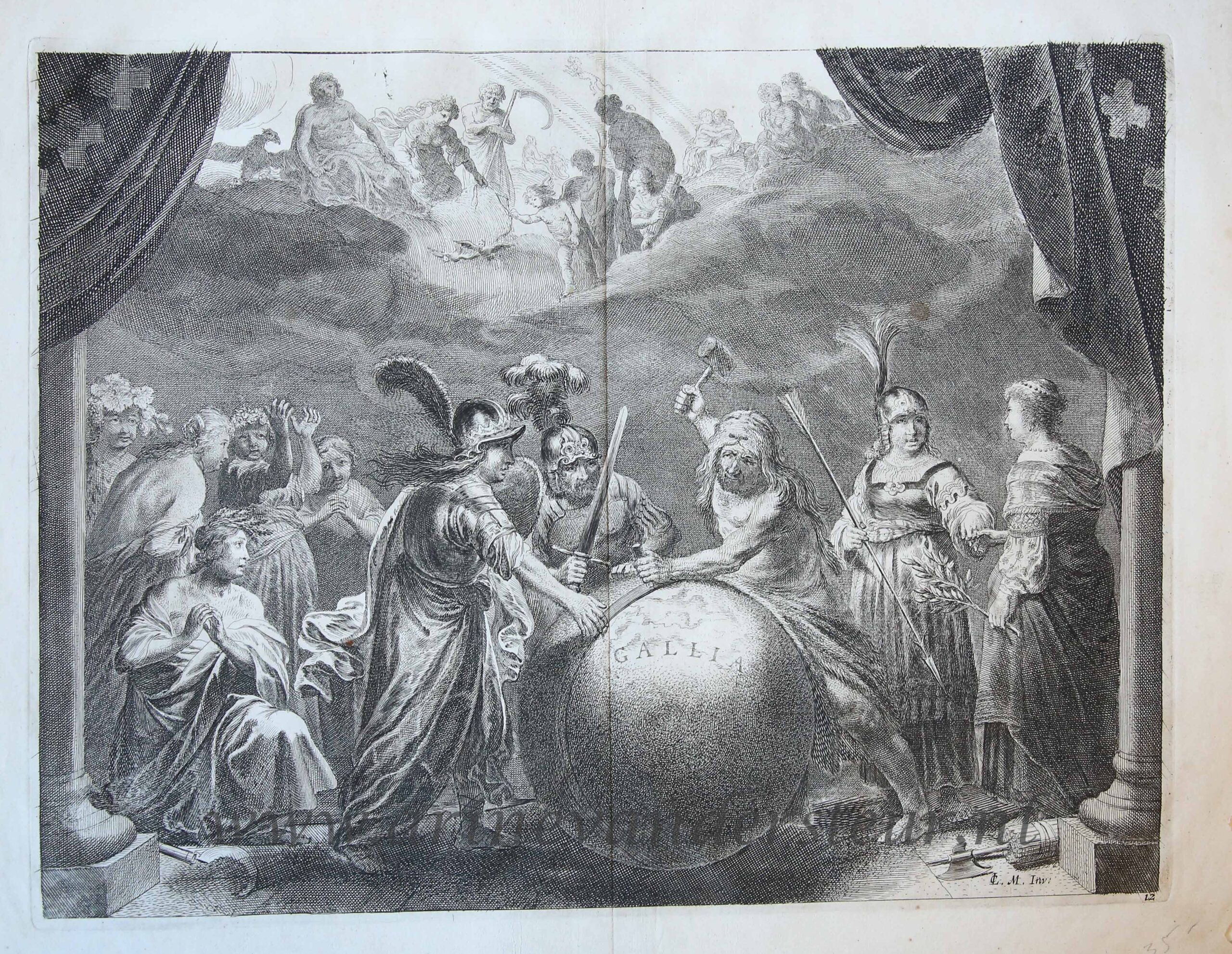 [Antique print, etching] Henry IV as Hercules repairing the broken globe representing France, published 1639.