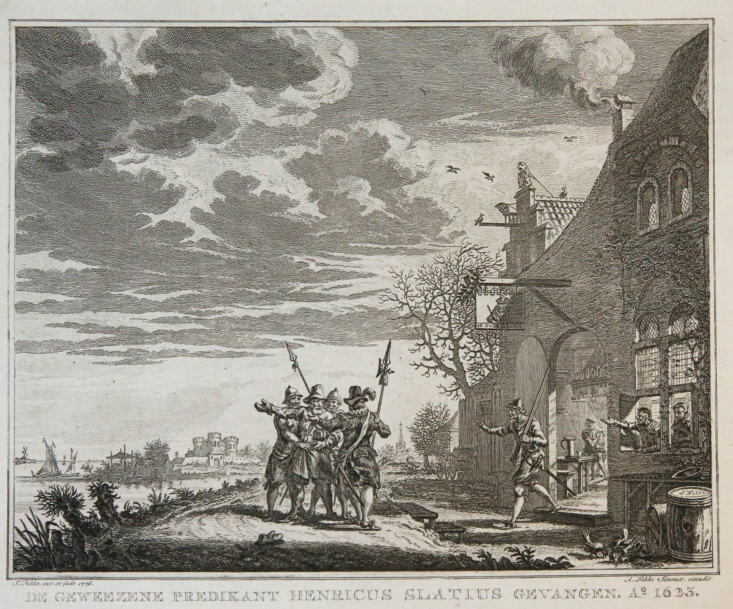 'De geweezene predikant Henricus Slatius gevangen Ao. 1623'; minister Henricus Slatius arrested, 1623