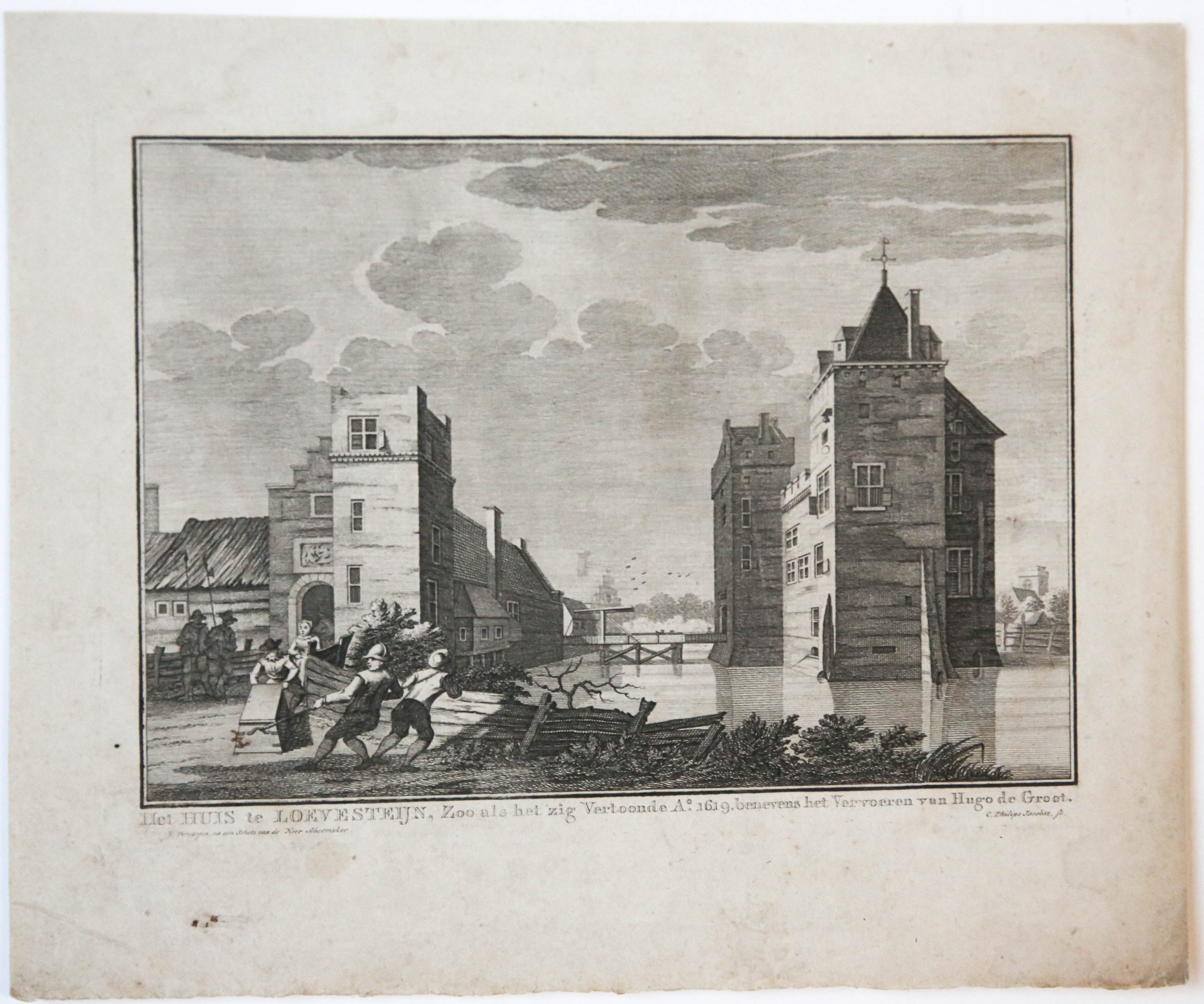 [Antique print, etching] 'Het Huis te Loevesteijn'; Hugo Grotius escaping from Loevestein Castle in 1621, published ca. 1750.