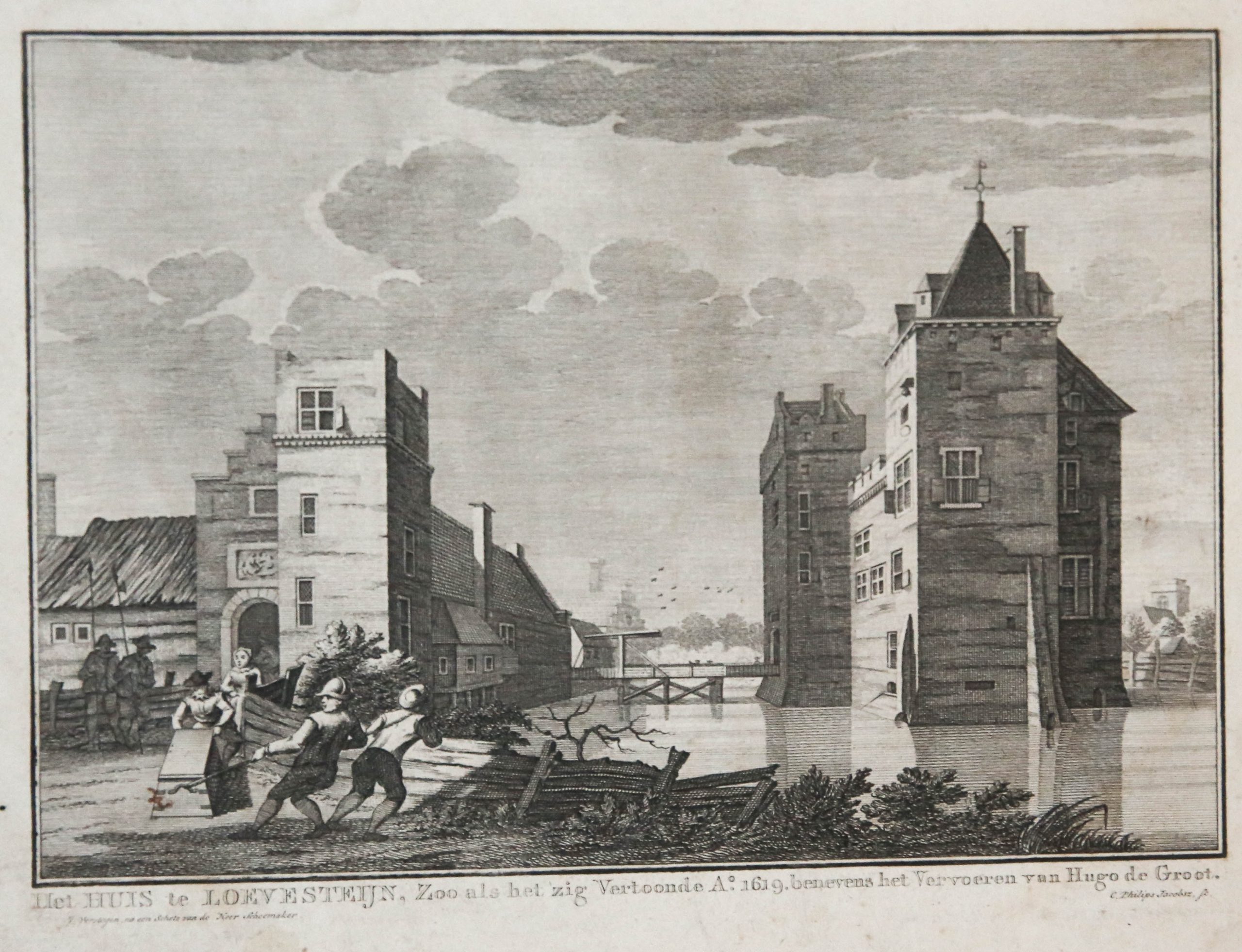 [Antique print, etching] 'Het Huis te Loevesteijn'; Hugo Grotius escaping from Loevestein Castle in 1621, published ca. 1750.