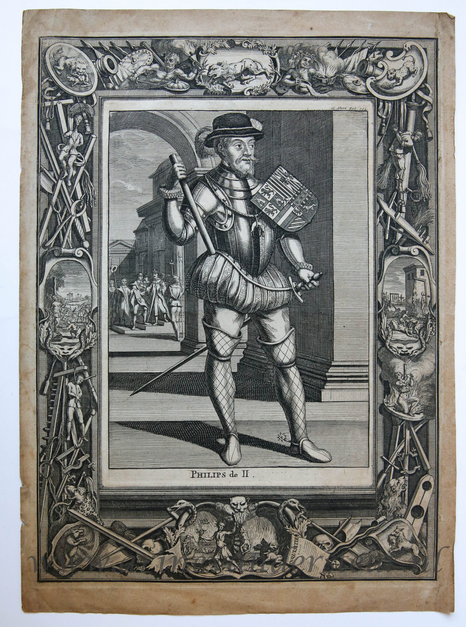 [Antique print etching and engraving/ets en gravure] PHILIPS de II (portrait of Philip II of Spain)/Filips de Tweede van Spanje, published 1725.