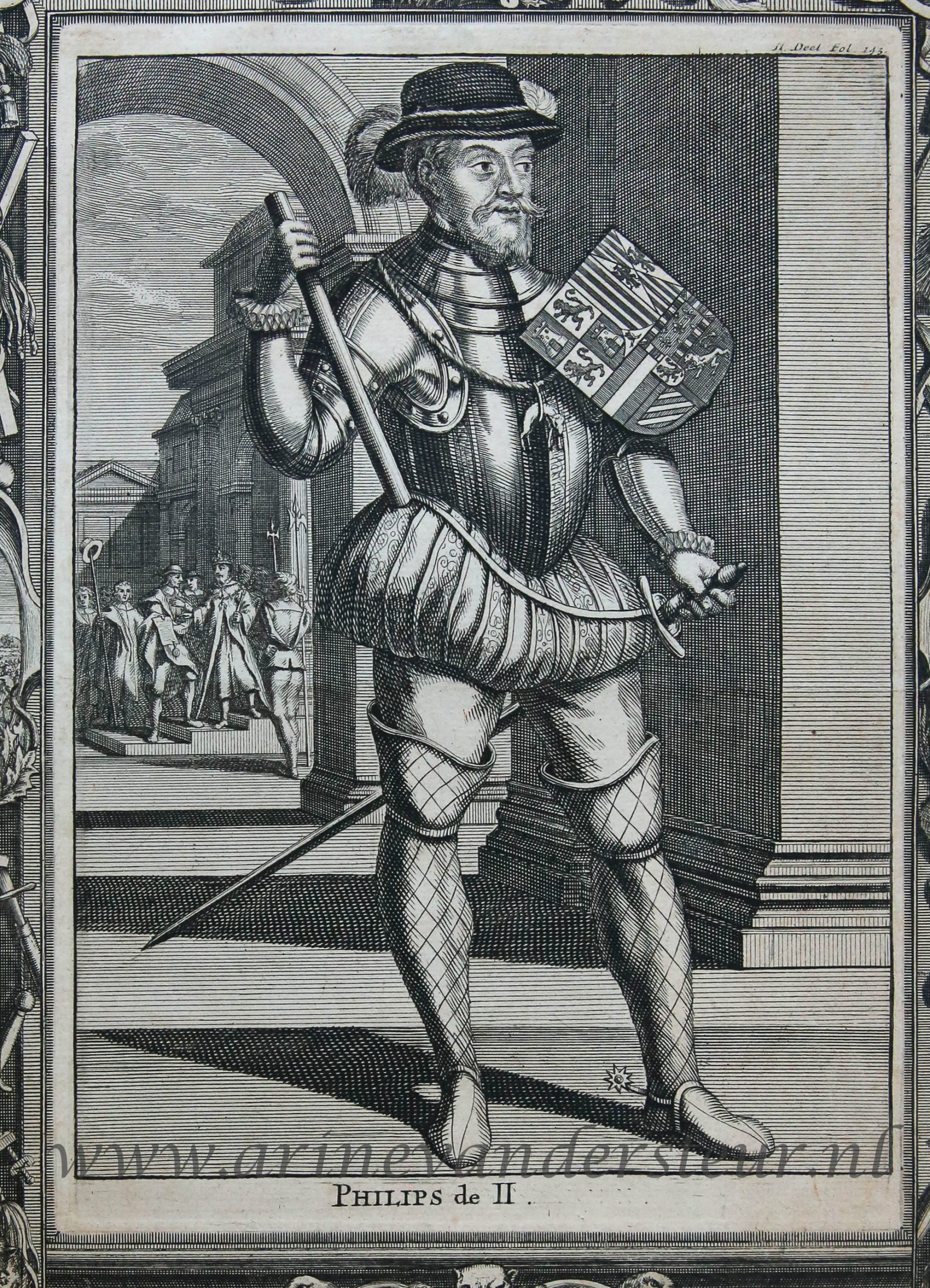 [Antique print etching and engraving/ets en gravure] PHILIPS de II (portrait of Philip II of Spain)/Filips de Tweede van Spanje, published 1725.
