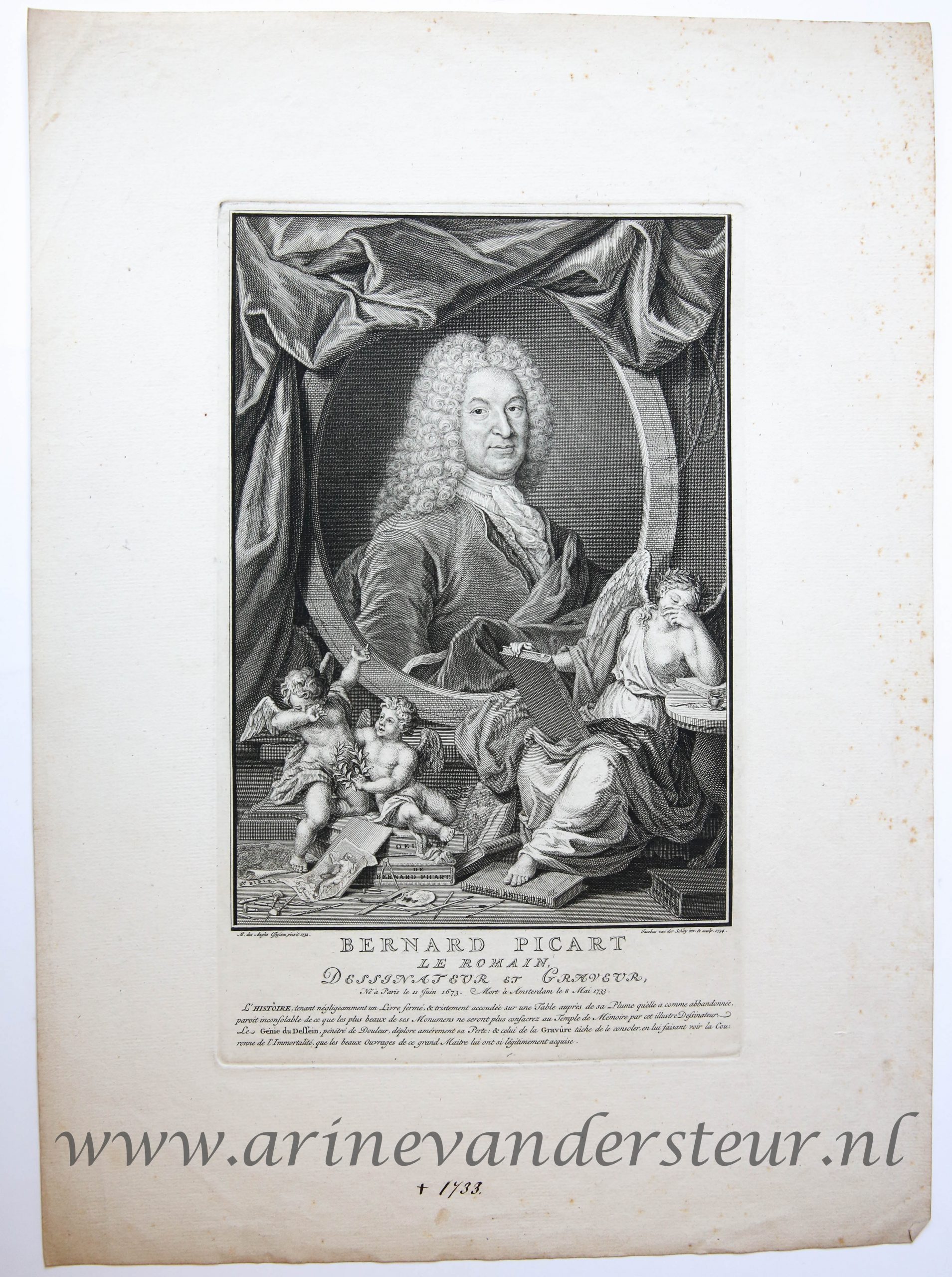[Antique portrait print, engraving/gravure] Portrait of Bernard Picart /Portret van de Franse kunstenaar Bernard Picart, published 1734.
