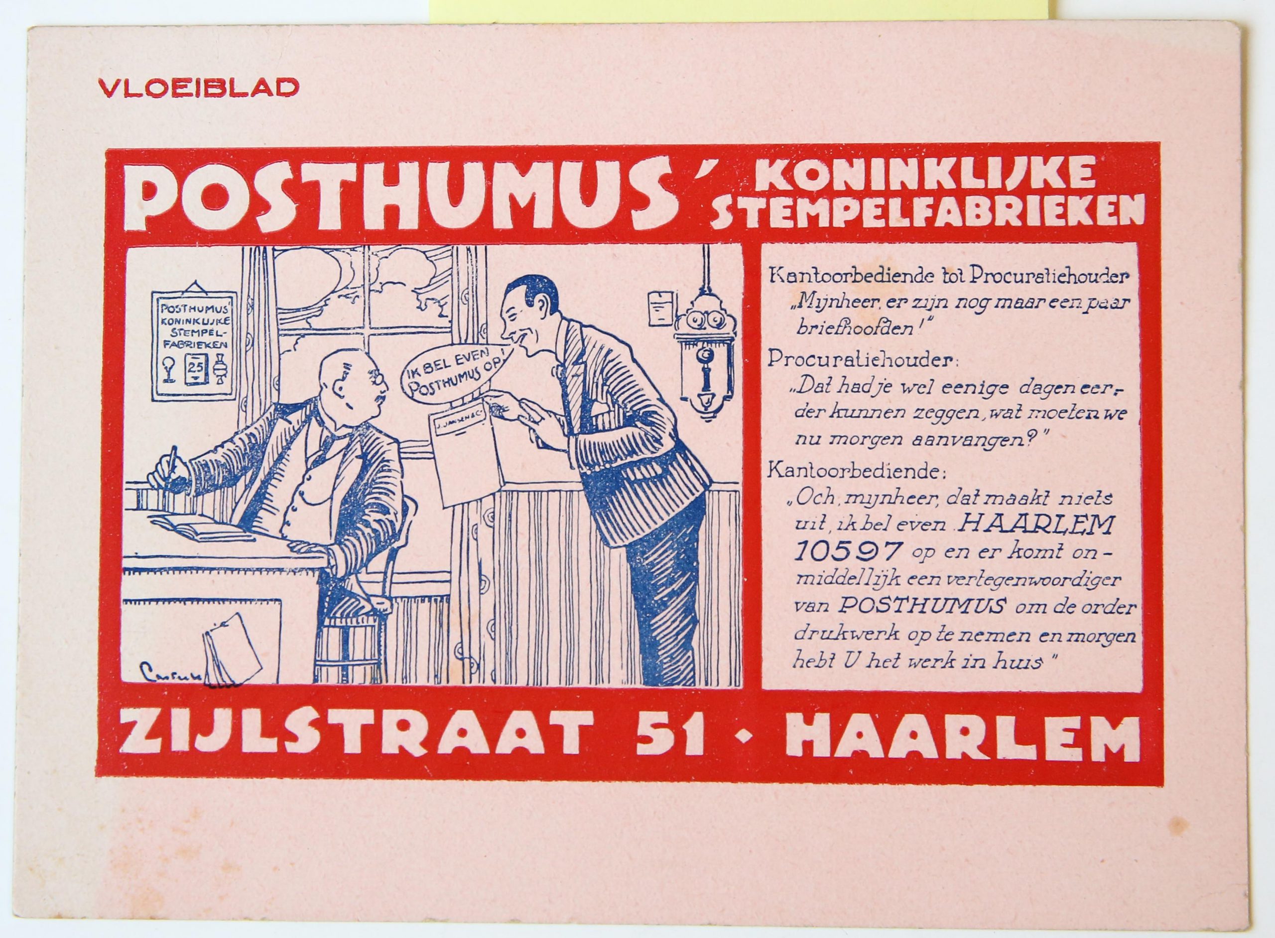 Vloeiblad Posthumus Koninklijke stempelfabrieken, Zijlstraat 51 Haarlem, with nice colours in pink and red. Beautiful design with image of two men that need new company paper soon.