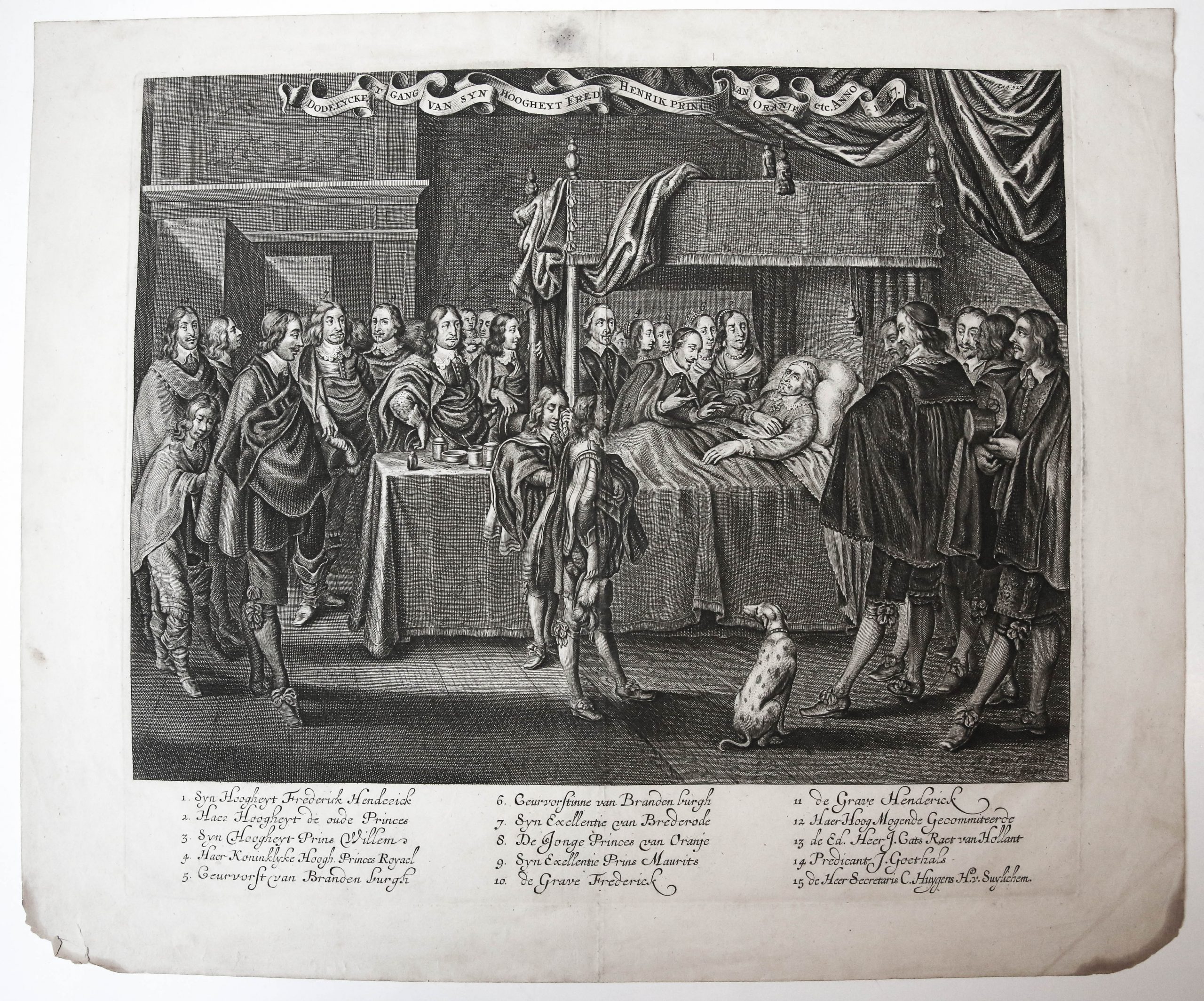 [Original engraving/gravure] 'uytgang van syn hoogheyt Fred. Henrik prince van Oranje'; Bed of state of prince Frederik Hendrik of Orange, 1647.