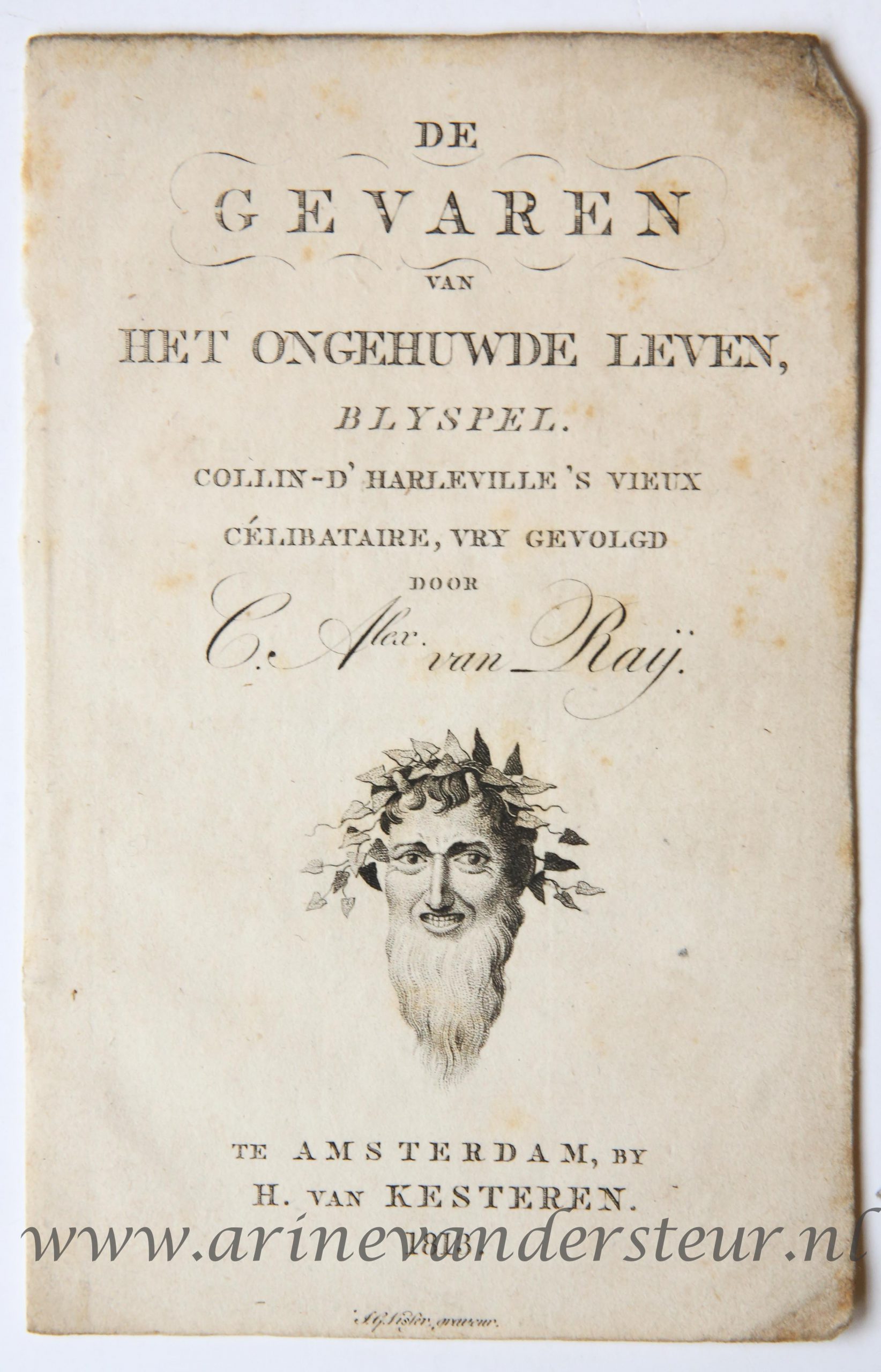 [Antique title page, 1813] Man met een baard en bladeren rond het hoofd [De gevaren van het ongehuwde leven: blyspel], published 1813, 1 p.