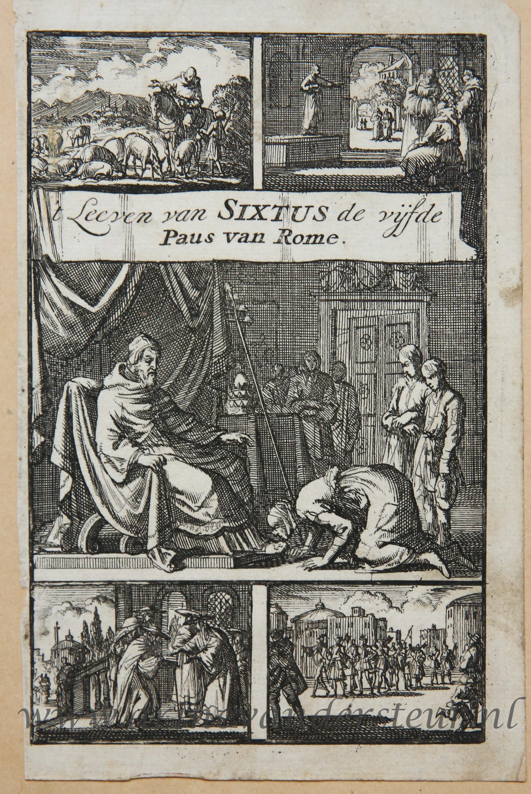 [Antique title page, 1697] Camilla, de zuster van paus Sixtus V, kust geknield zijn voet ['t Leeven van SIXTUS de vijfde Paus van Rome], published 1697, 1 p.