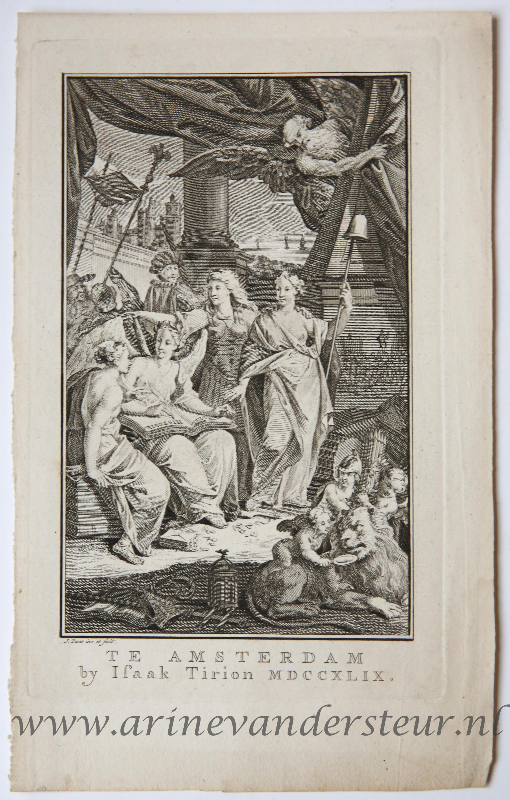 [Antique title page, 1749] Allegorical frontispiece with History writing on an open book / Allegorie op het schrijven van geschiedenis [Vaderlandsche historie], published 1749, 1 p.