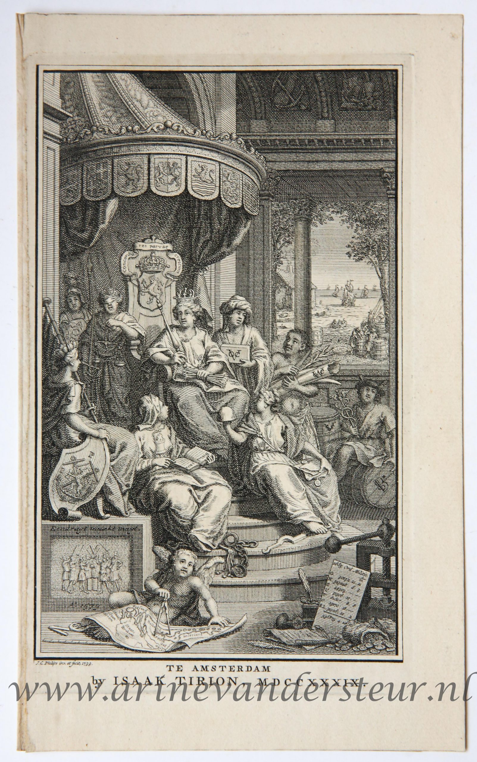 [Antique title page, 1739] Allegorical frontispiece of the Unity of Holland/ Allegorie op de Republiek der Zeven Verenigde Nederlanden [Tegenwoordige staat der Vereenigde Nederlanden], published 1739, 1 p.