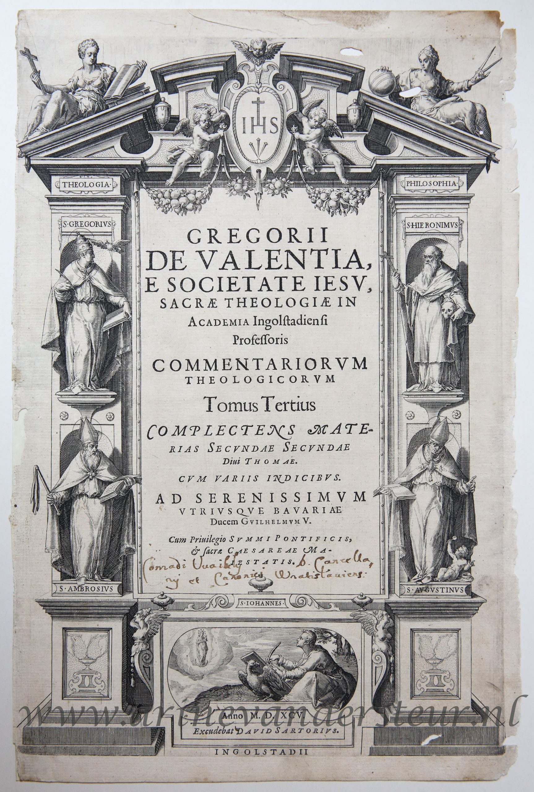 [Antique title page, 1595] Gregorii De Valentia, Metimnensis E Societate Jesu, published 1595, 1 p.