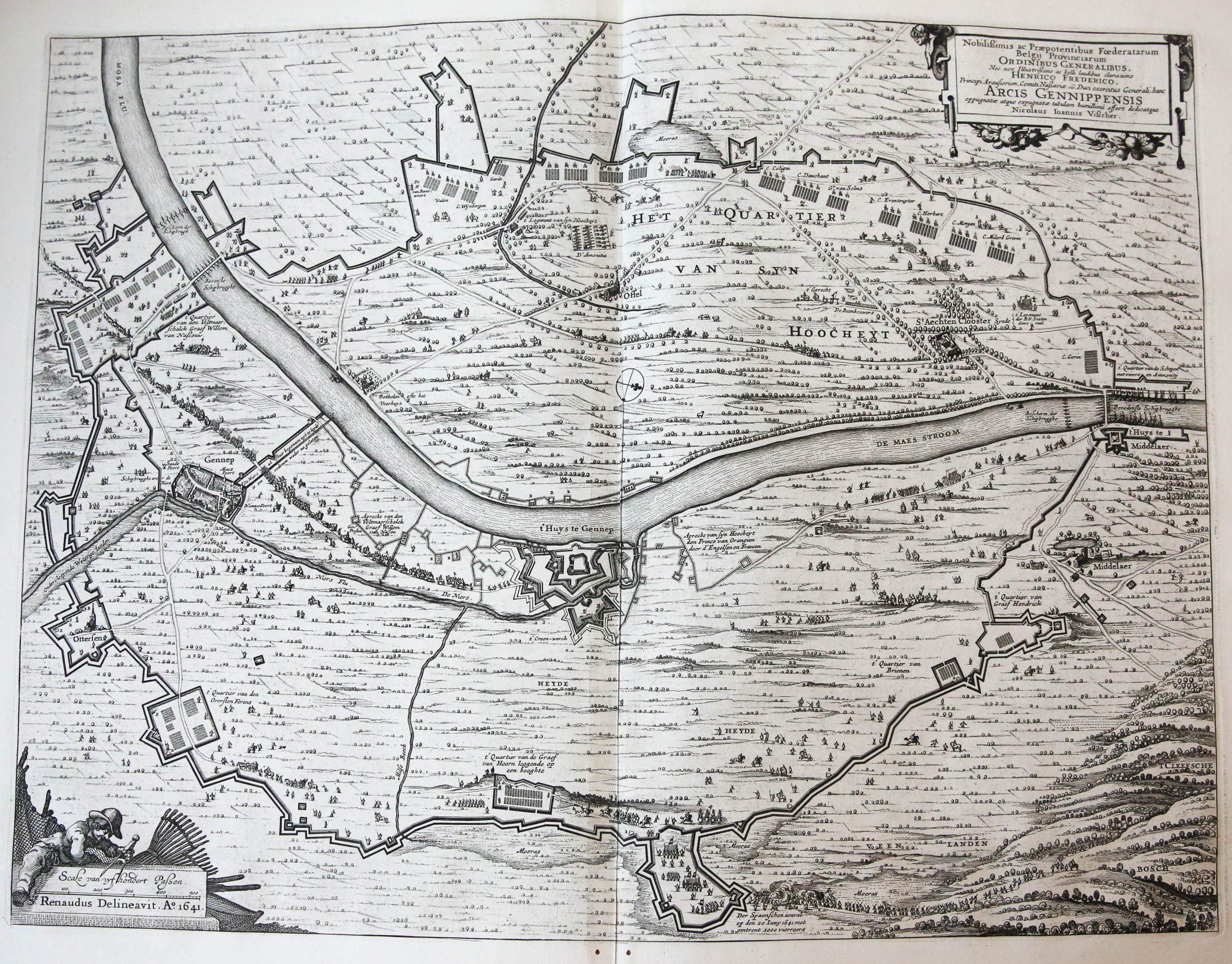 [Engraved carthography/gegraveerde kaart] 'Arcis Gennippensis oppugnatae atque expugnatae'; Siege of Gennep, 1641.
