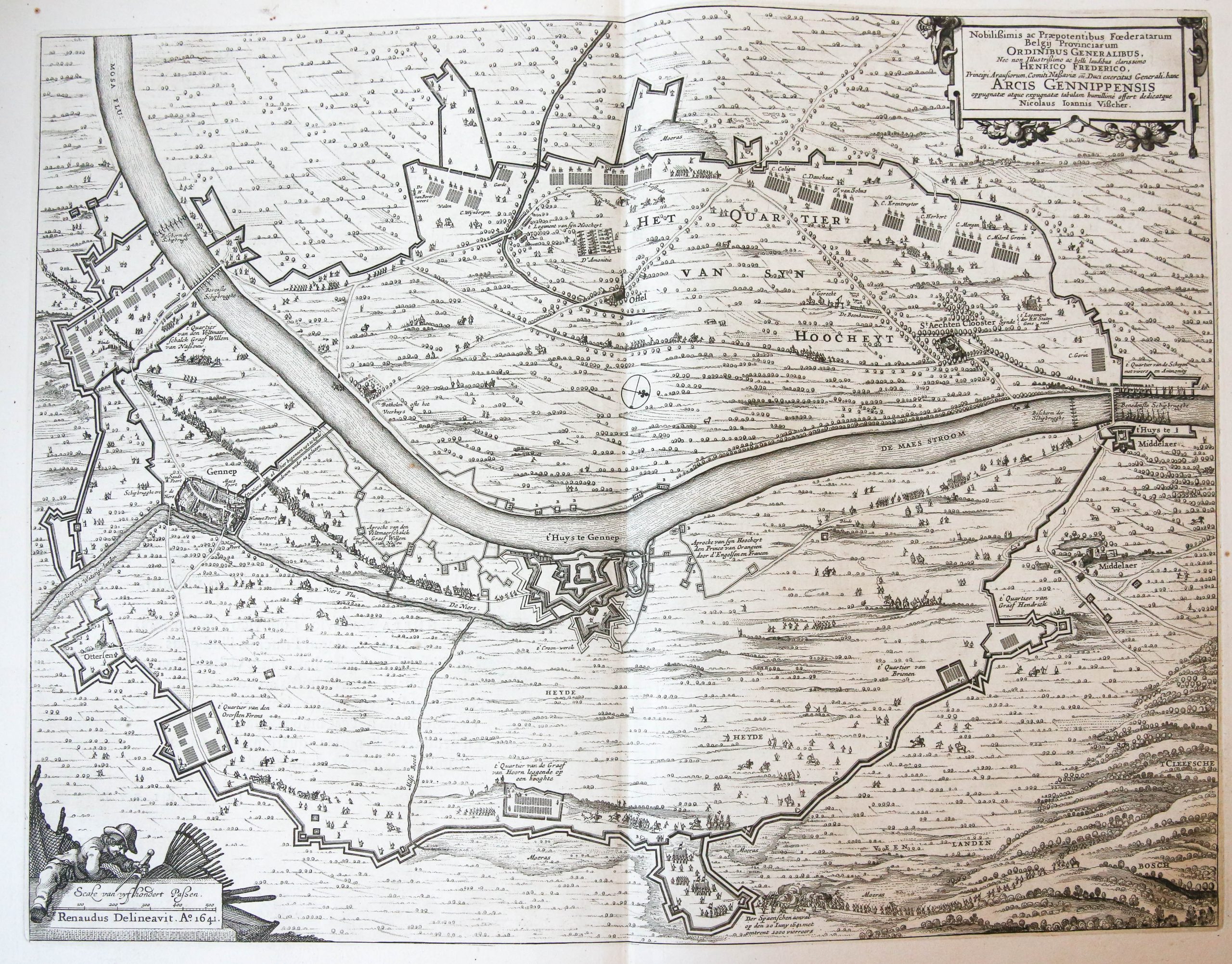 [Engraved carthography/gegraveerde kaart] 'Arcis Gennipensis oppugnatae atque expugnatae'; Siege of Gennep, 1641.