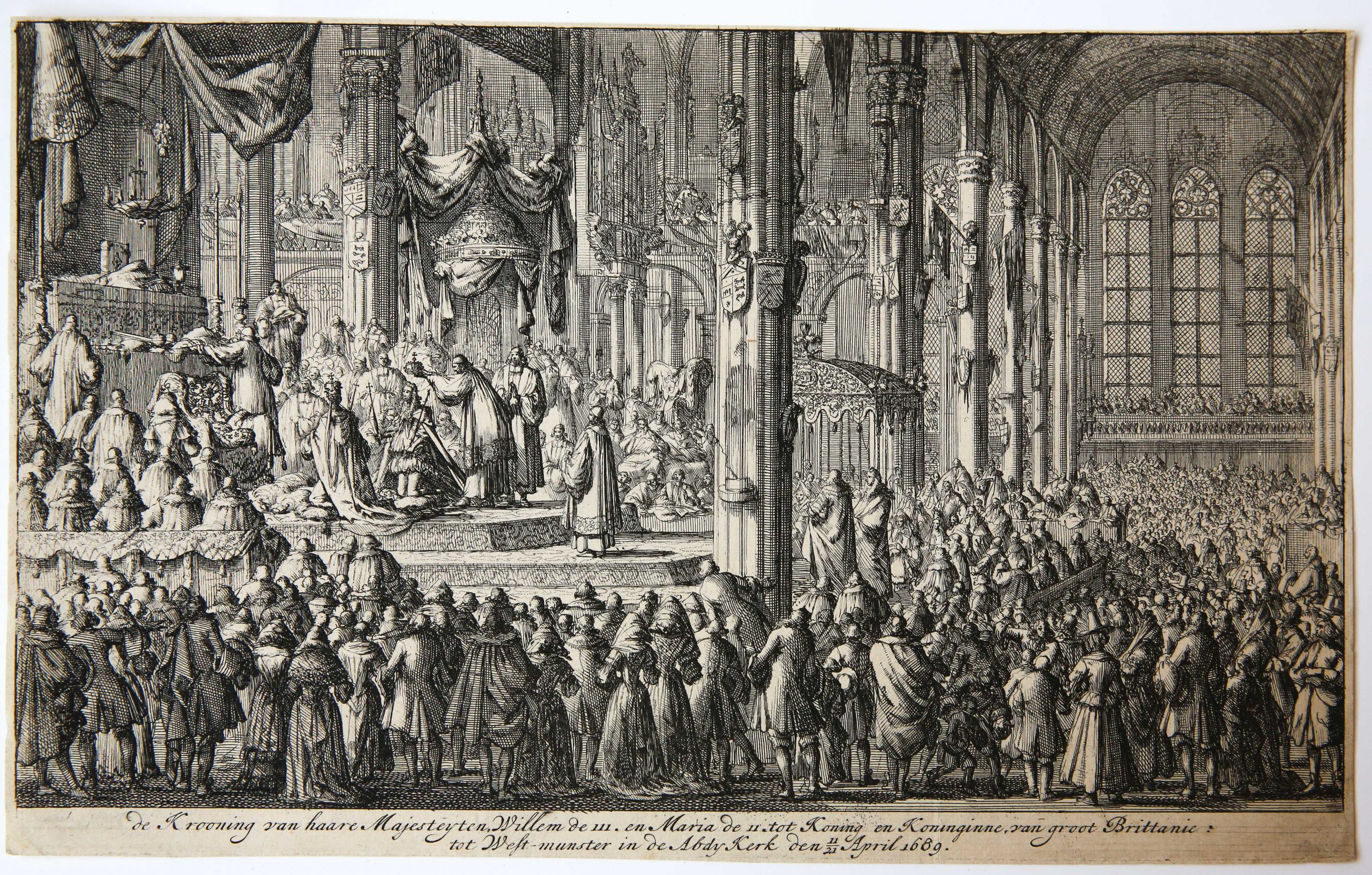 [Antique book illustration, 1689] Coronation of William III and Mary II / Kroning van Willem III [De Krooning van haare Majesteyten Willem de III. en Maria de II. tot Koning en Koninginne van groot Brittanie], published 1689, 1 p.