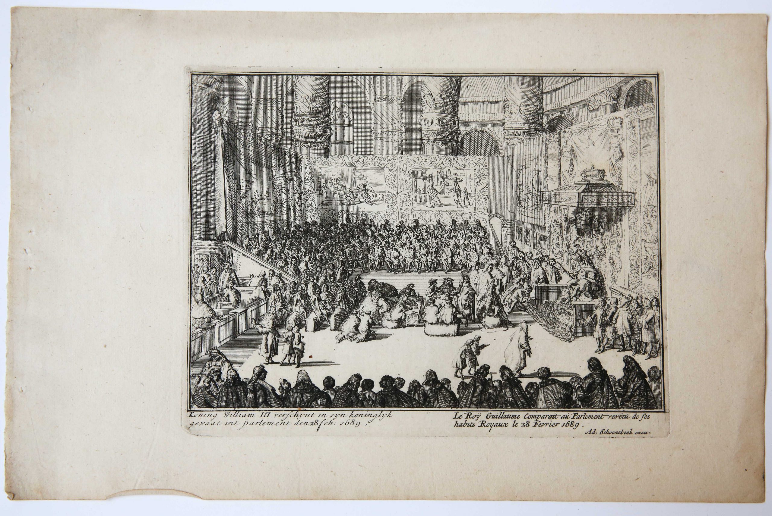 [Original etching/ets] 'Koning William III verschynt in syn koninglyk gewaat int parlement'; King William III in Parliament; 1689.