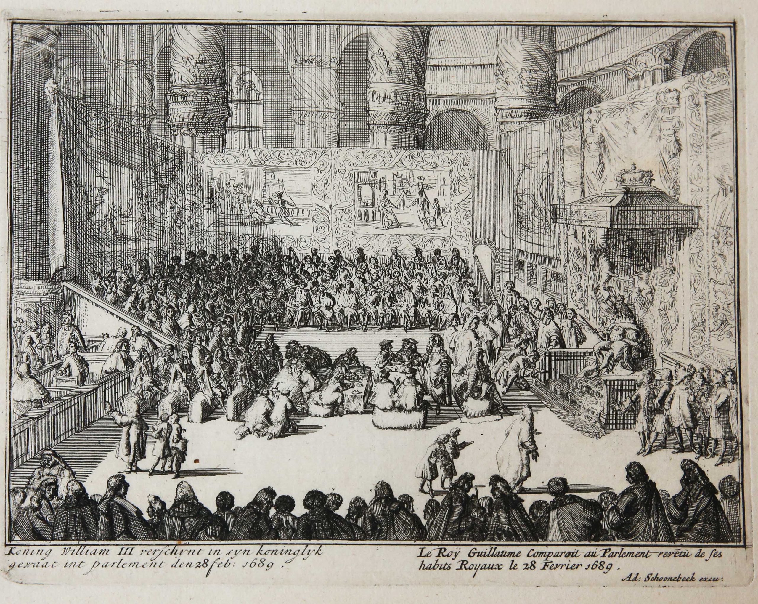[Original etching/ets] 'Koning William III verschynt in syn koninglyk gewaat int parlement'; King William III in Parliament; 1689.