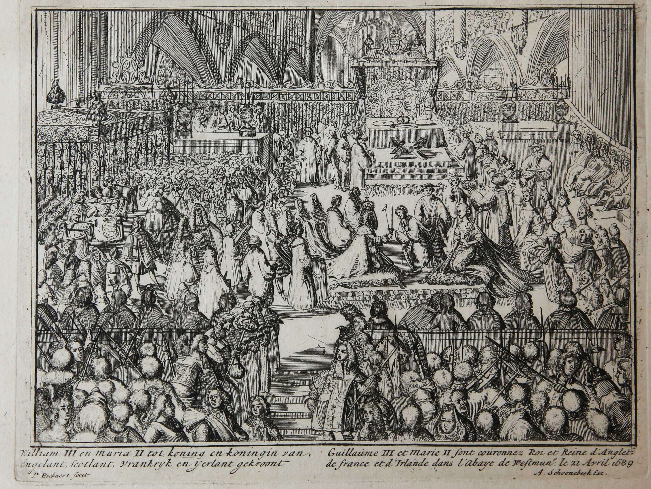 [Original etching/ets] 'William III en Maria II tot koning en koningin van Engelant, Scotlant, Vrankryk en Yerlant gekroont'; Coronation William III and Mary II, 1689.