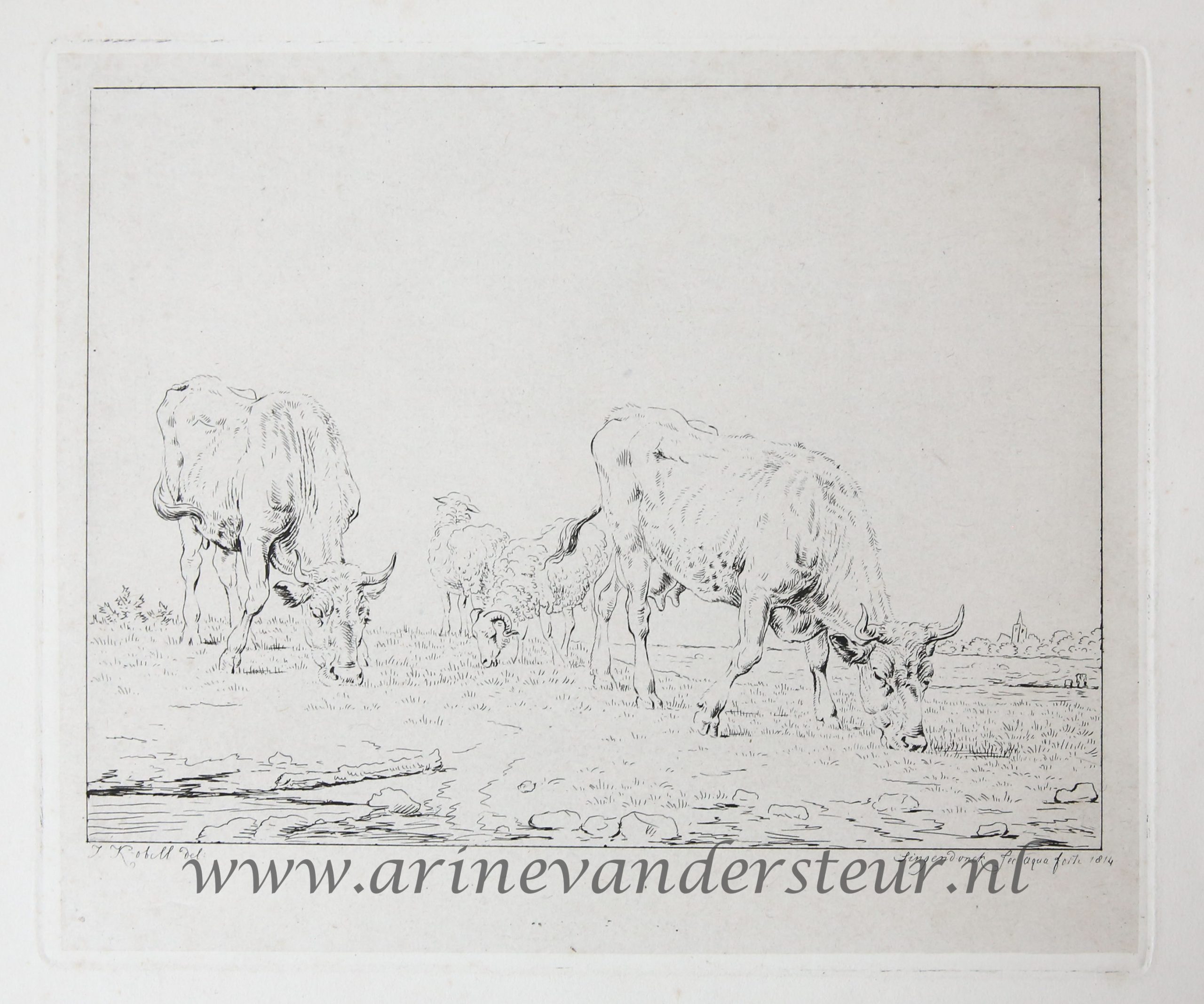 [Etching on chine collé/ets op chine-collé] Two cows and two sheep/Twee koeien en twee schapen.