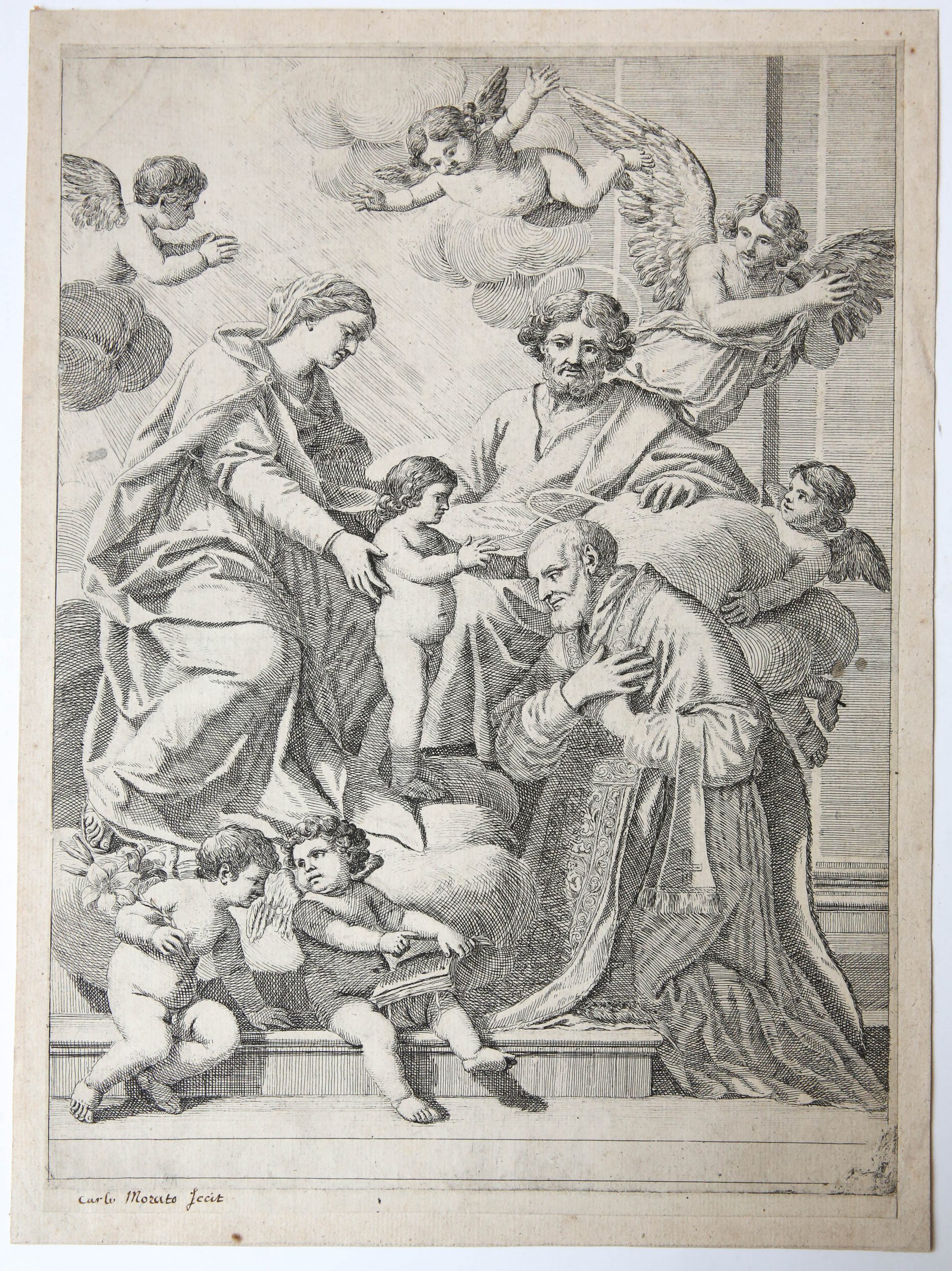 [Antique print, etching] S. Philip Neri in adoration of Jesus with Mary, St. Joseph and putti/Apostel van Rome Filippus Neri aanbidt Jezus en Maria en Jozef, published 1649.