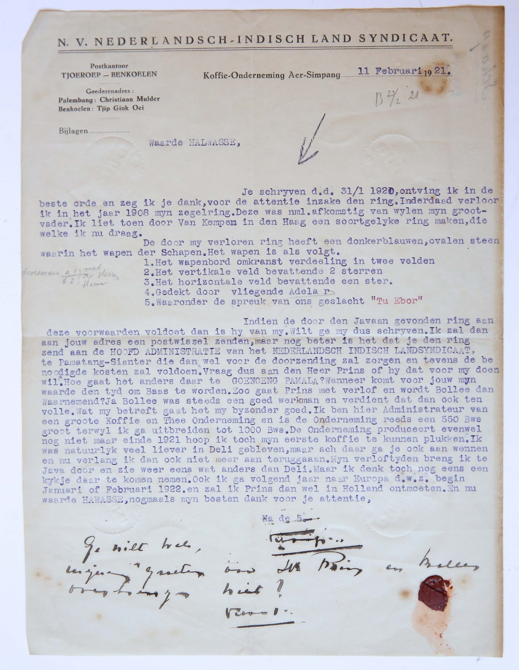 Brief d.d. 11 februari 1921 aan de heer Halwasse van familielid Schaap met deel van lakzegel, 1 p. Getypt en handgeschreven tekst bijgeschreven.