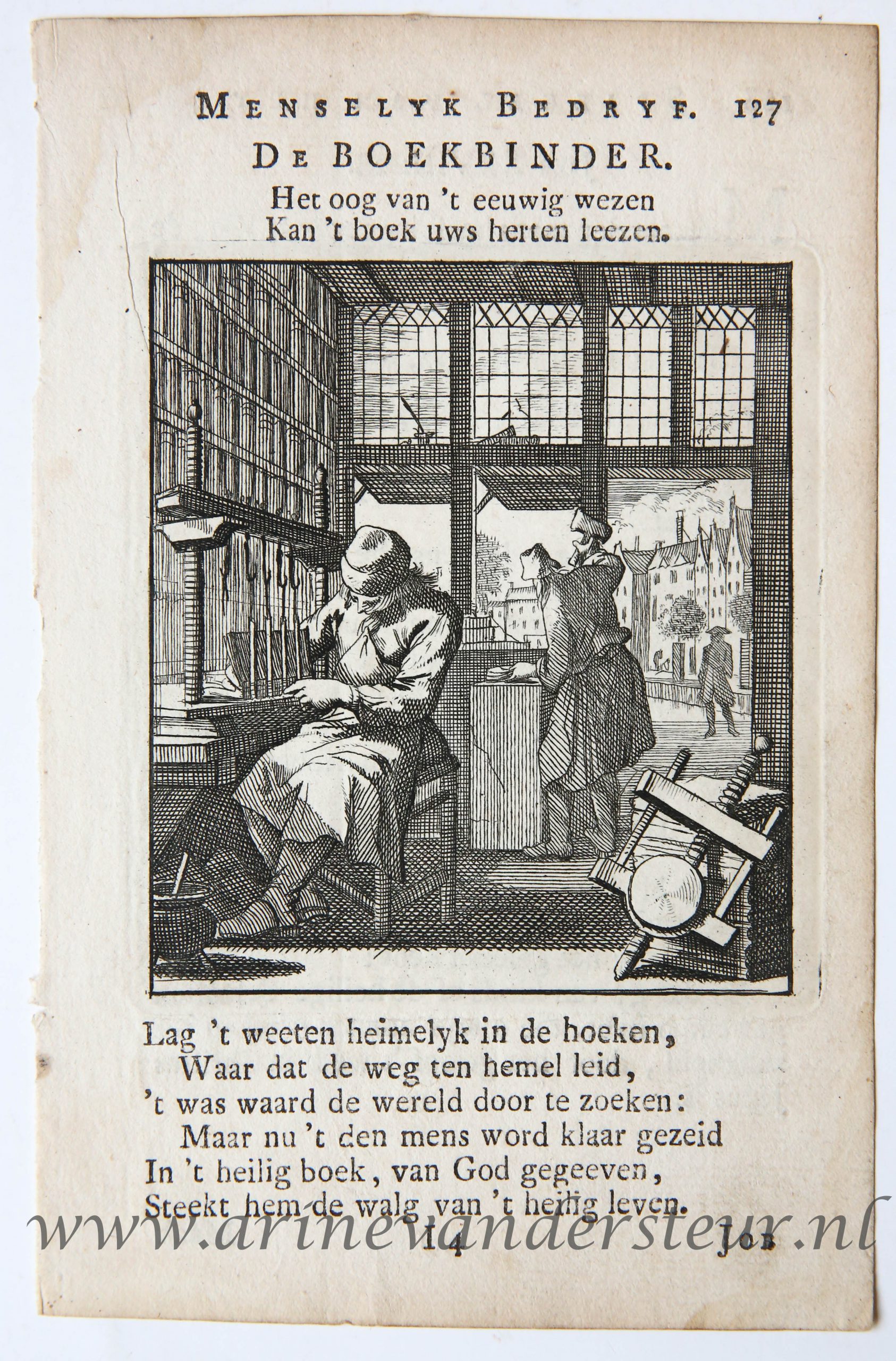 Antique print/originele prent: De Boekebinder/The Book binder.
