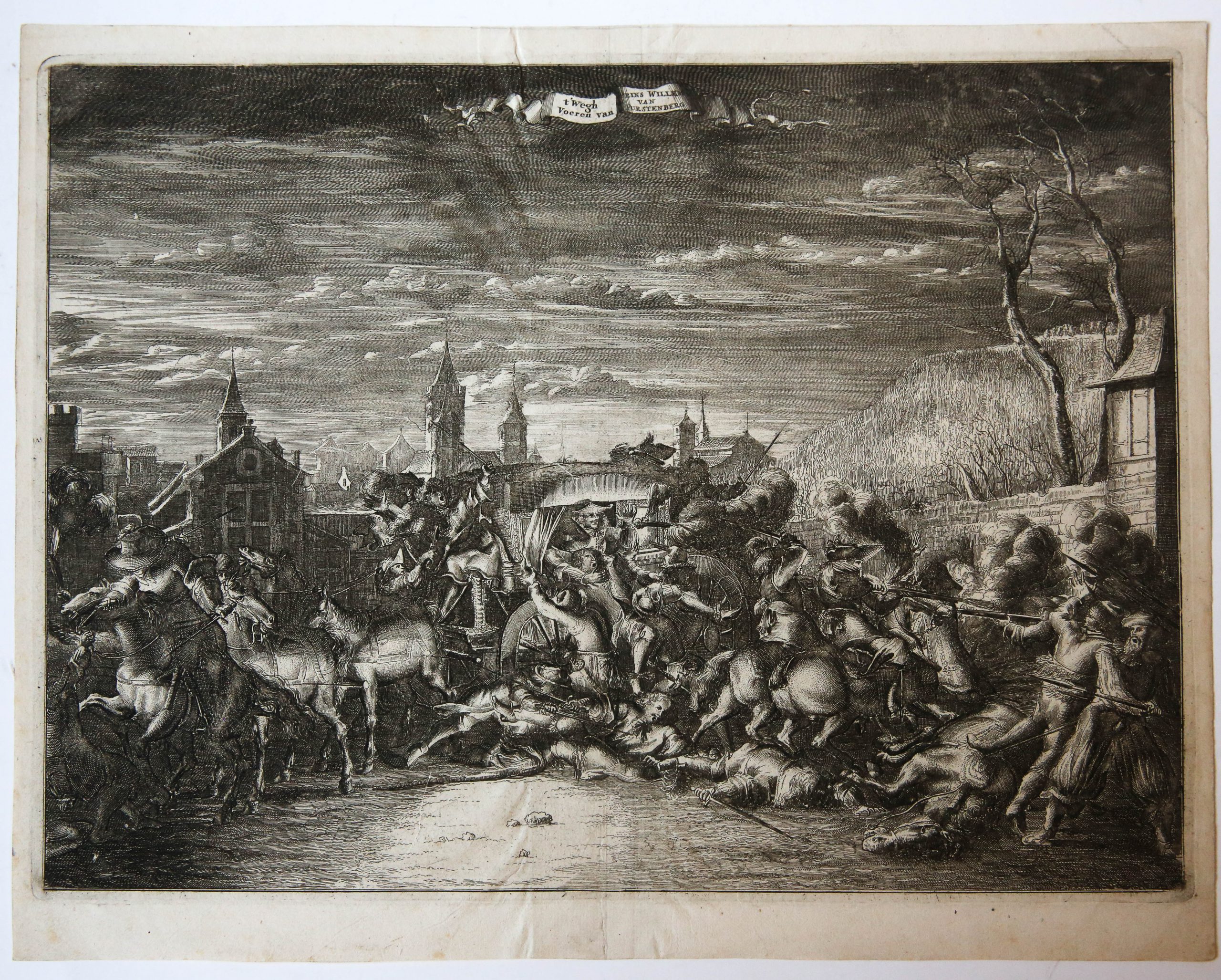 [Original etching/ets] 't'Wegh Voeren van Prins Willem van Furstenberg'; capture of Wilhelm von Fürstenberg, 1674.