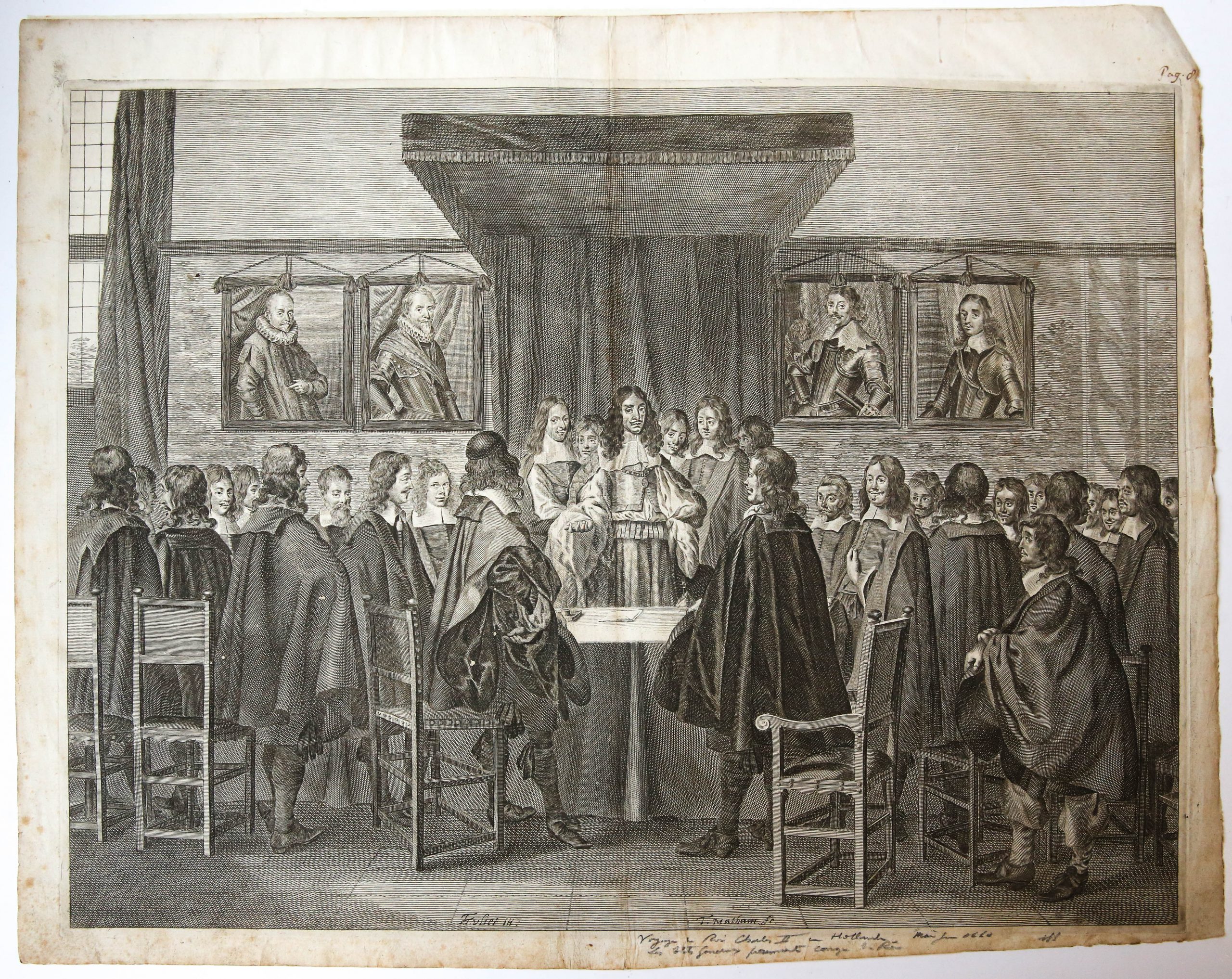 [Original engraving/gravure] Koning Karel II van Engeland spreekt de Staten-Generaal toe; King Charles II of England speaking to the States General, 1660.