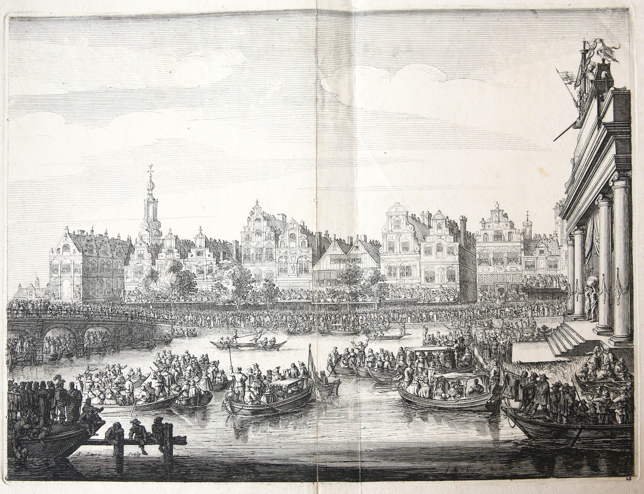 [Original etching/ets] Procession on the Rokin with theatre on island at right, during the visit of Maria de' Medici to Amsterdam, 1638.