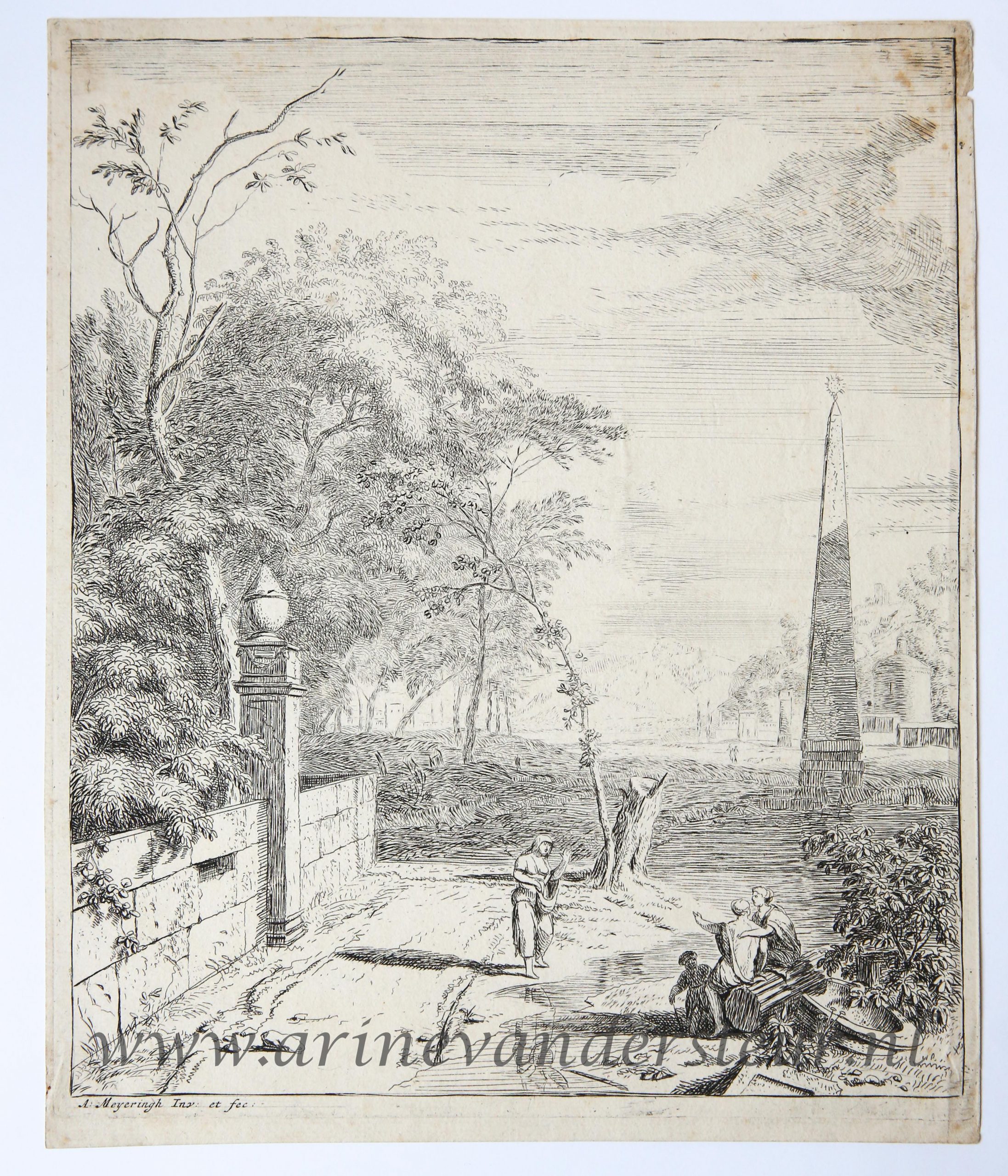 [Antique print, etching/ets] Italian landscape with obelisk/Italiaans landschap met obelisk, published before 1700.