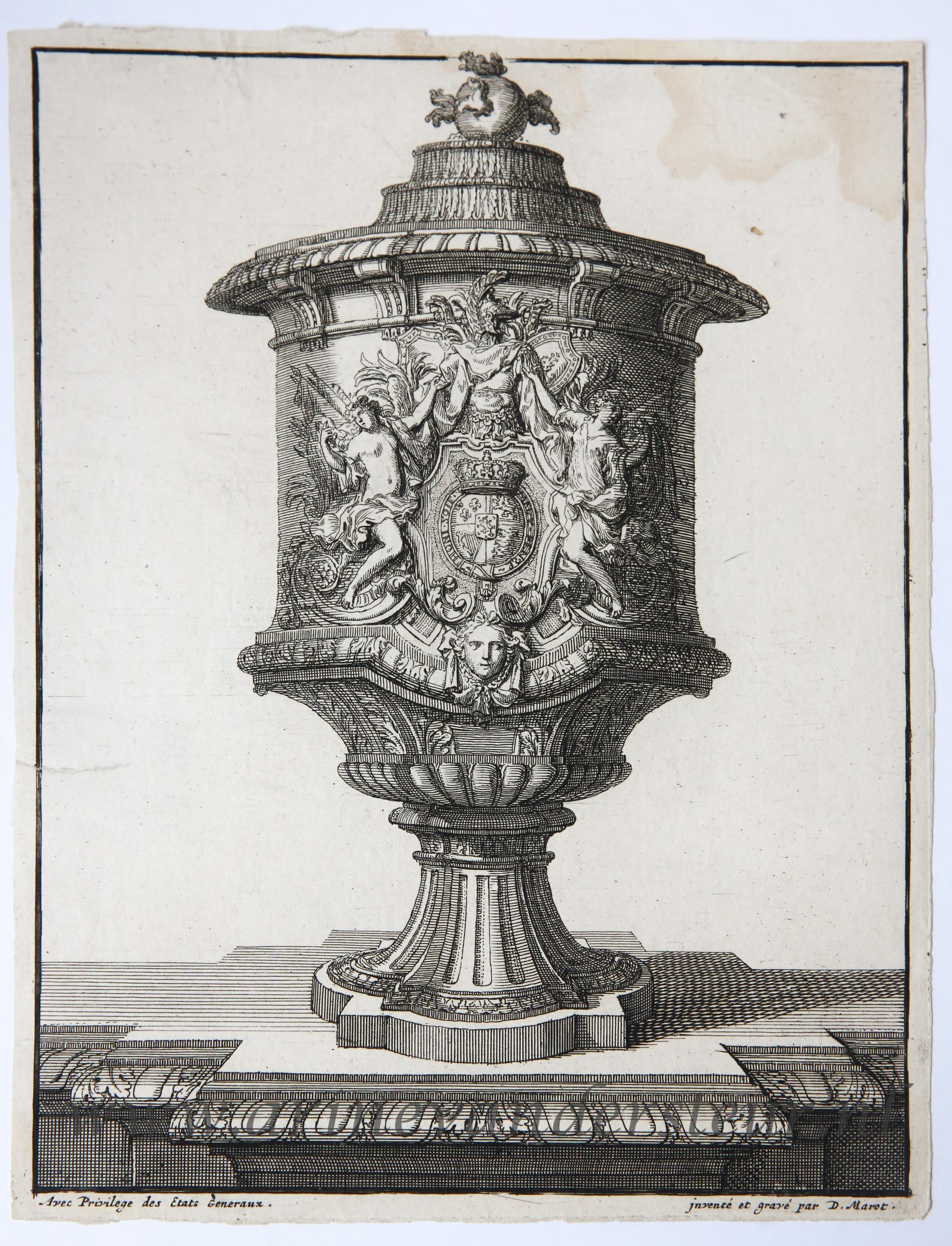 [Original etching and engraving by Daniel Marot] Decorative vase with the arms of Great Britain/Decoratieve vaas met het wapen van Groot Brittanie.