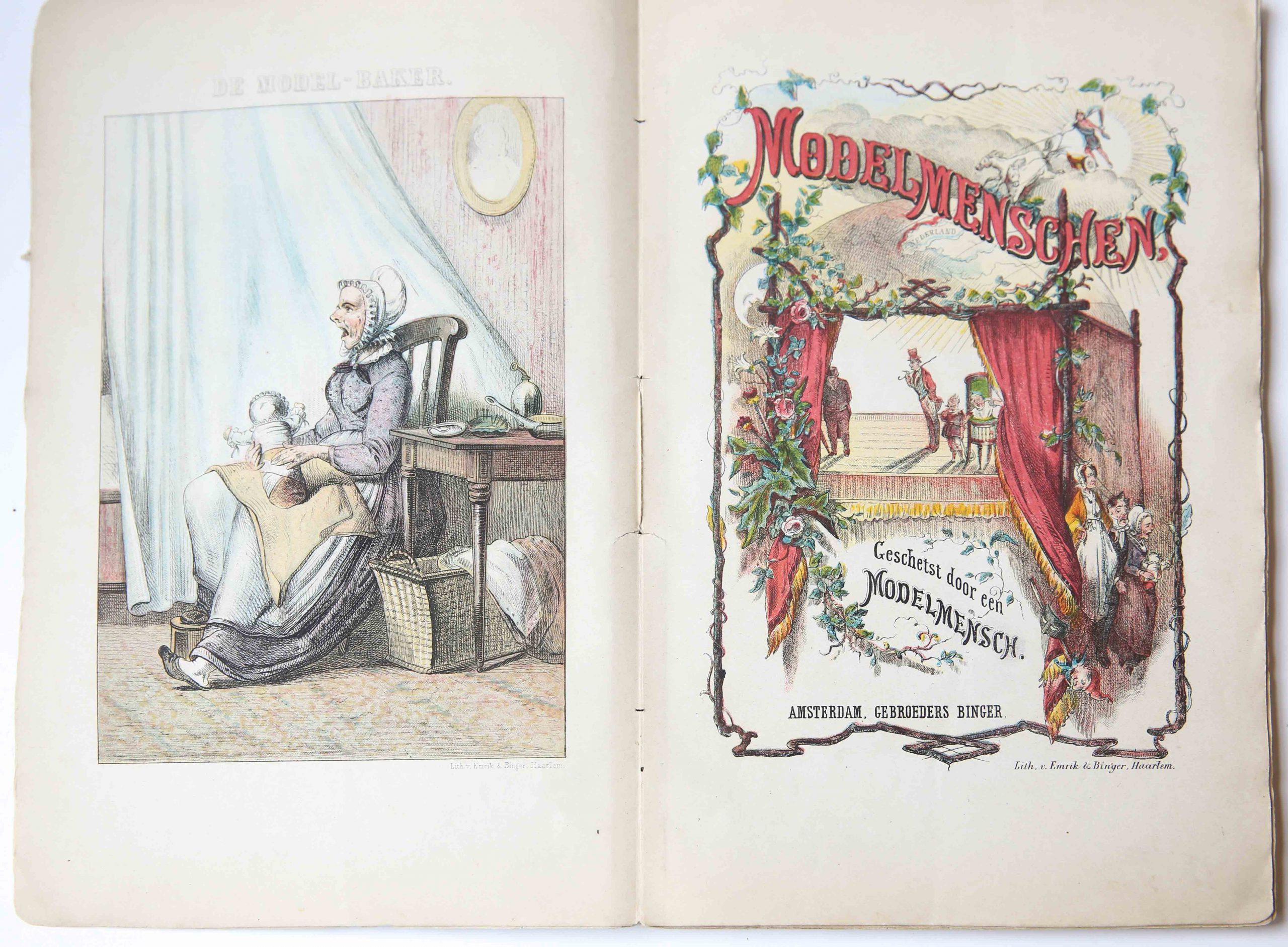 [Satirical book] Modelmenschen, geschetst door een Modelmensch, Amsterdam, gebroeders Binger with colored lithographies by Emrik & Binger Haarlem, [ca 1850], 93 pp.
