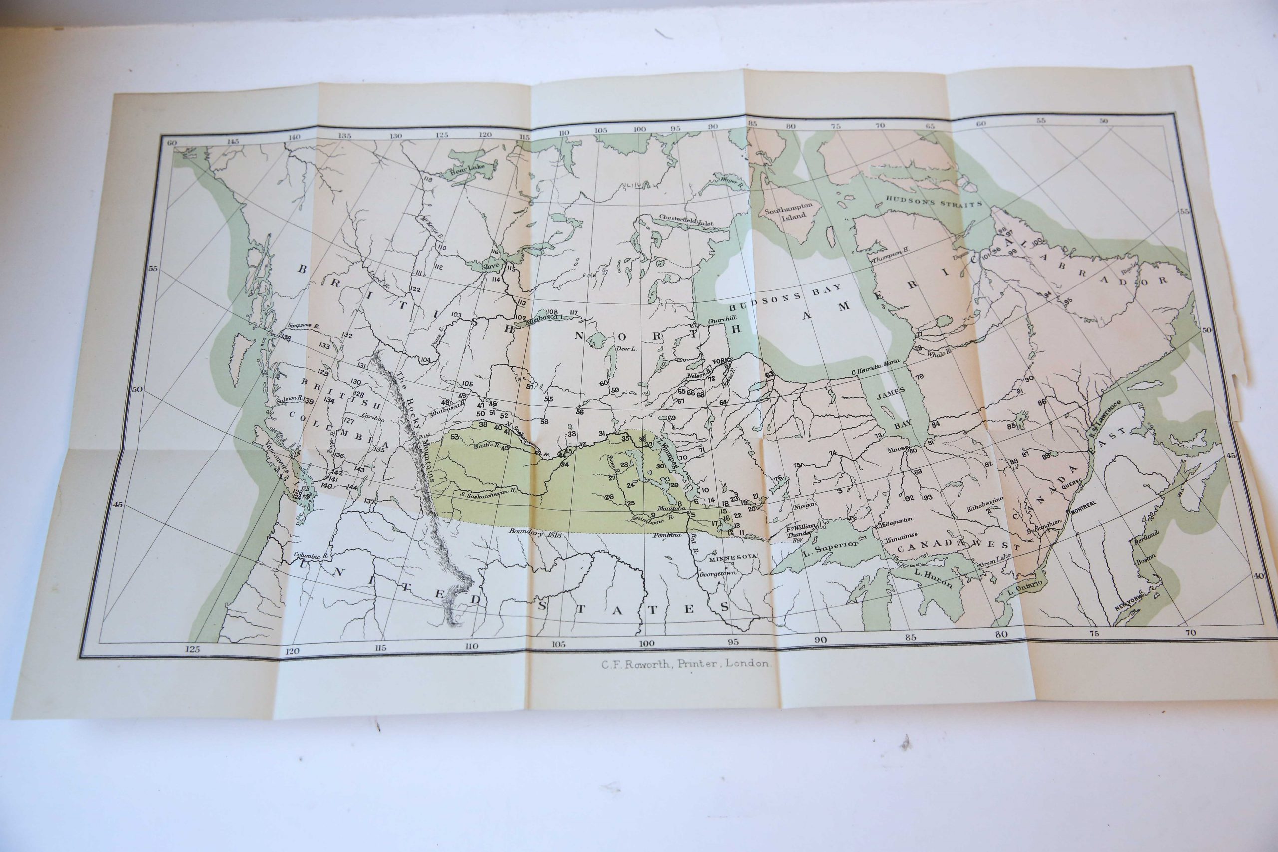 Cartography/map: Colored map of British North America, lithography 30 x 50 cm.