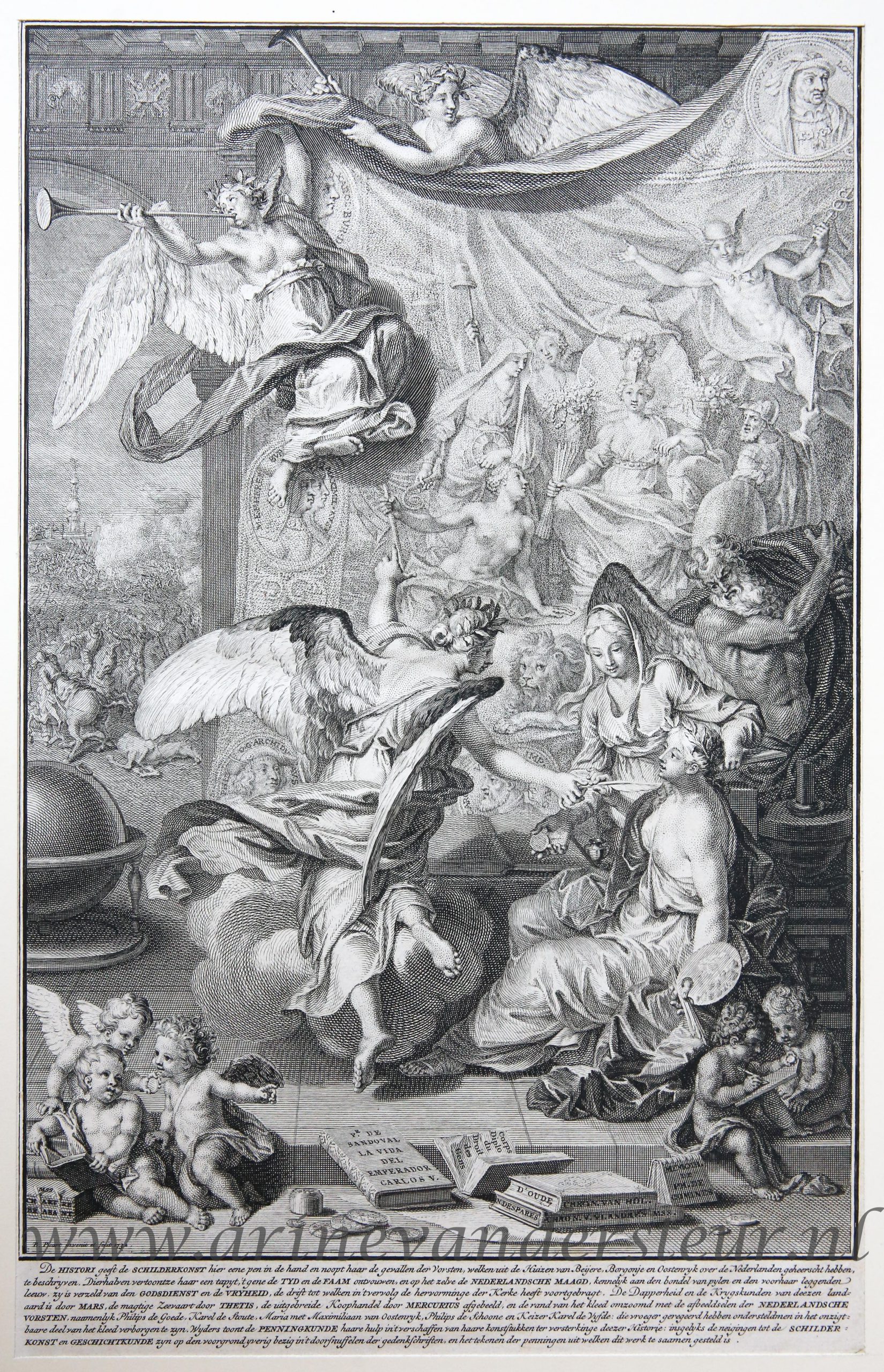 [Antique title page, 1732] Geschiedenis geeft de Schilderkunst een schrijfveer om de geschiedenissen van de Nederlandse vorsten op te tekenen [Histori der Nederlandsche vorsten], published 1732, 1 p.