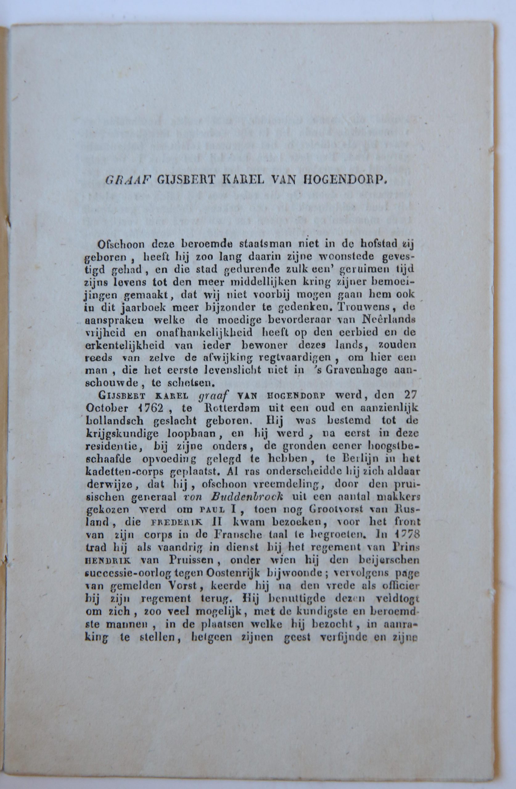  - Graaf Gijsbert Karel van Hogendorp [levensbericht, z.pl., z.j.] [1834], 12o, (12) pp.