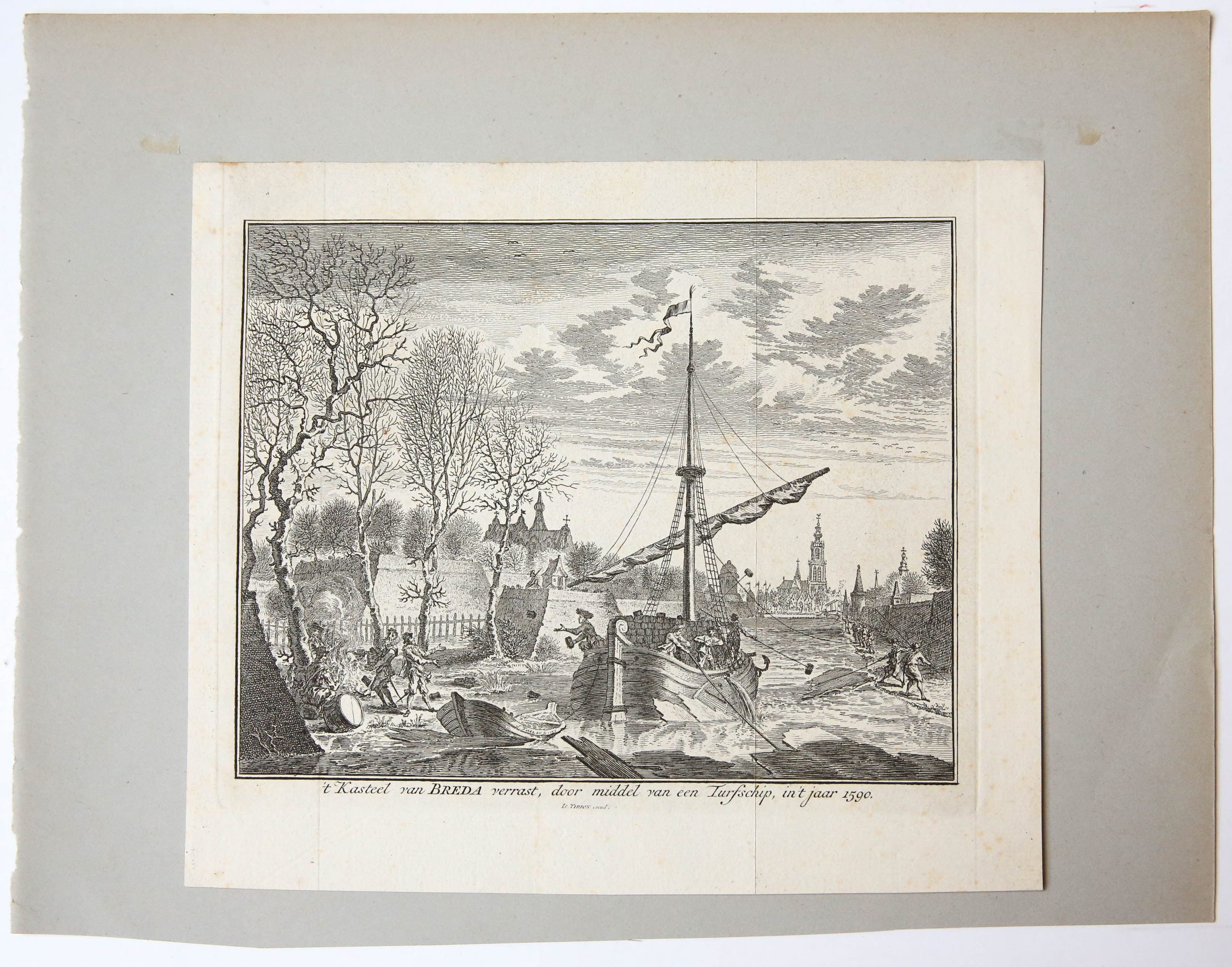 [Original etching/ets] Capture of Breda; turfschip van Breda, 1590.