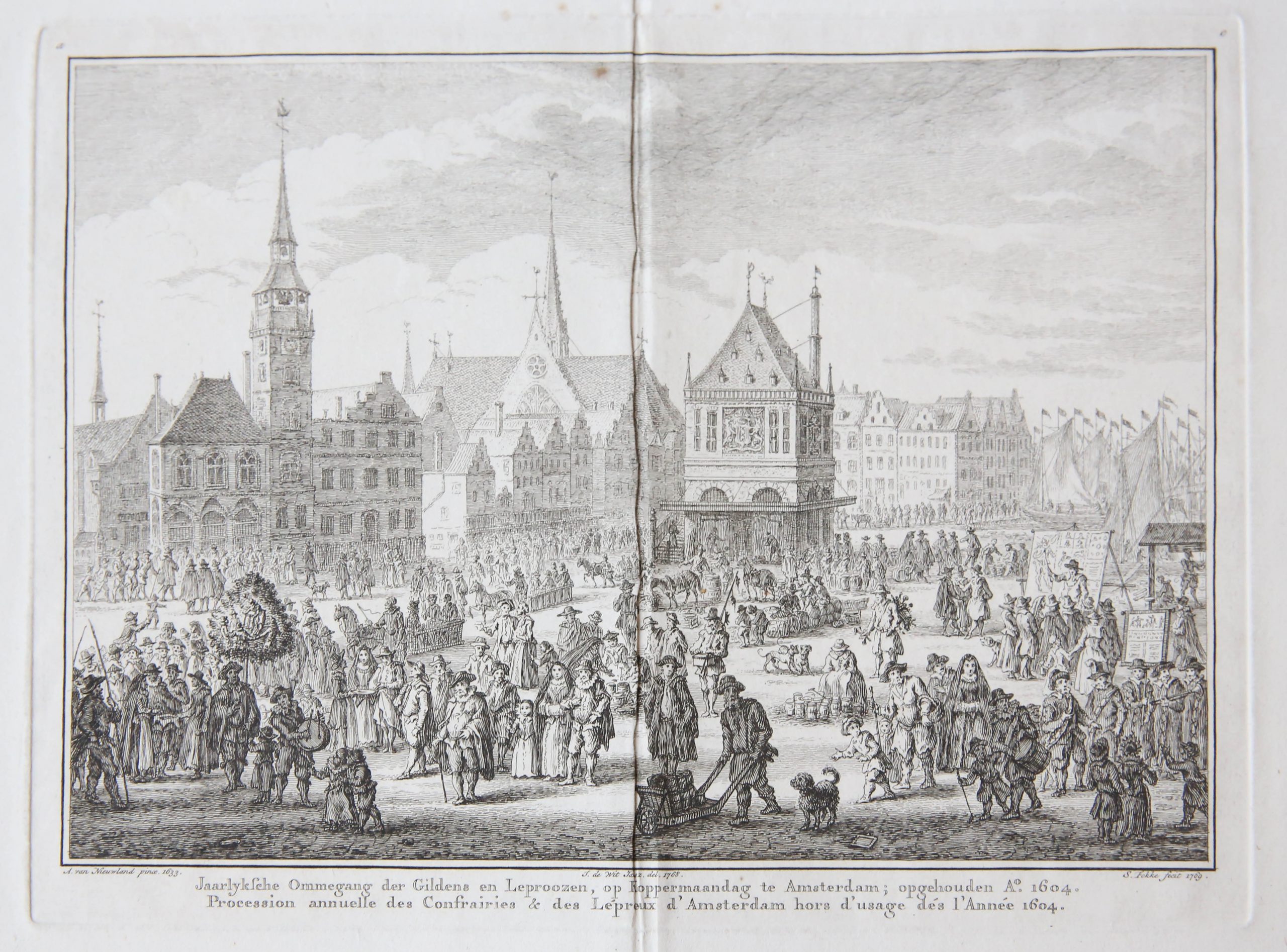 [Antique print, etching/ets] 'Jaarlyksche Ommegang der Gildens en Leproozen'; Procession of guild members and lepers in Amsterdam on 'koppermaandag' in 1604, published 1769.