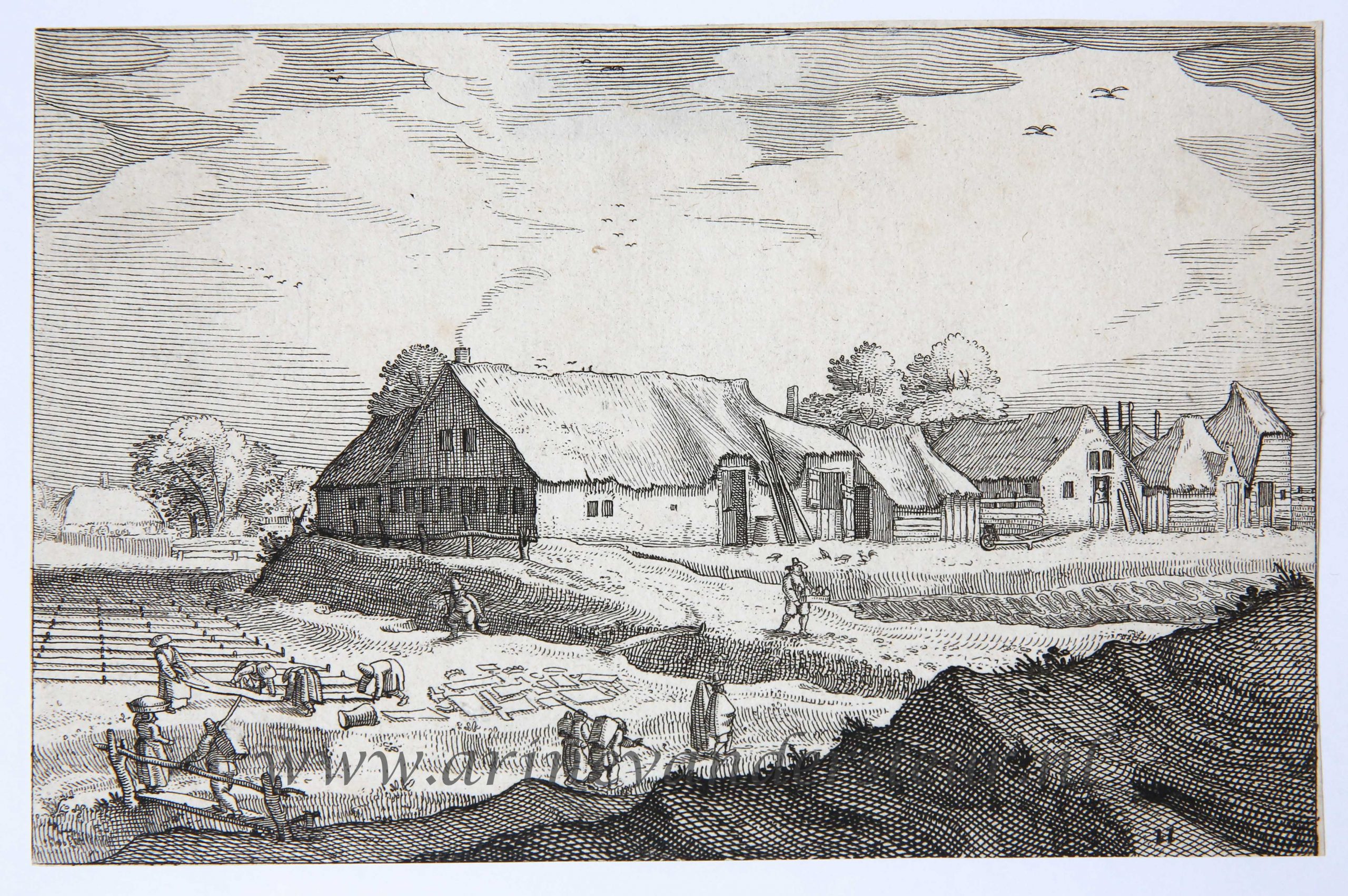 [Antique print, etching] Farms and bleaching fields/Boerderijen met blekervelden, published 1612.