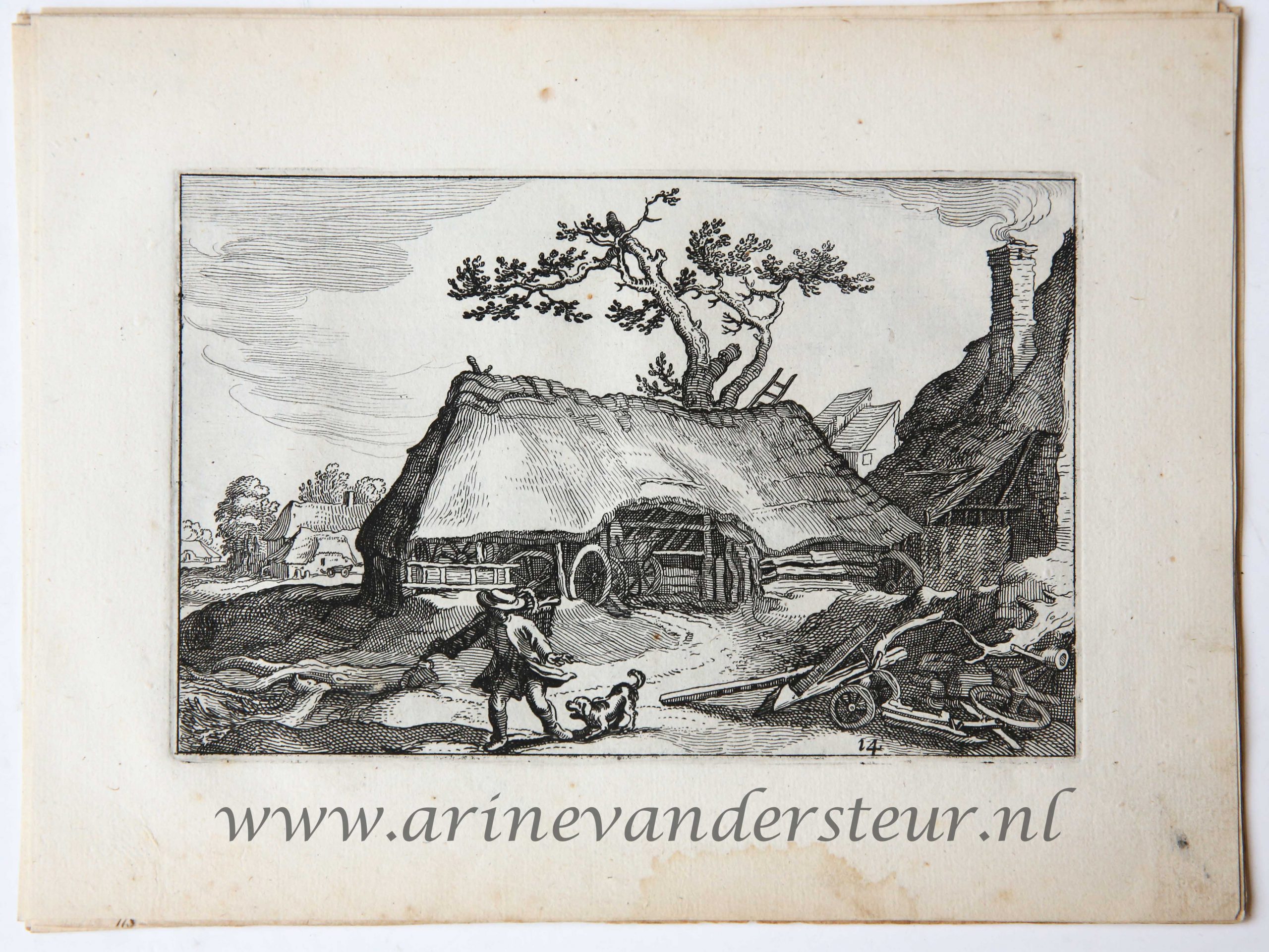 [Original etching/ets] Farm with shed/Boerderij met schuur.