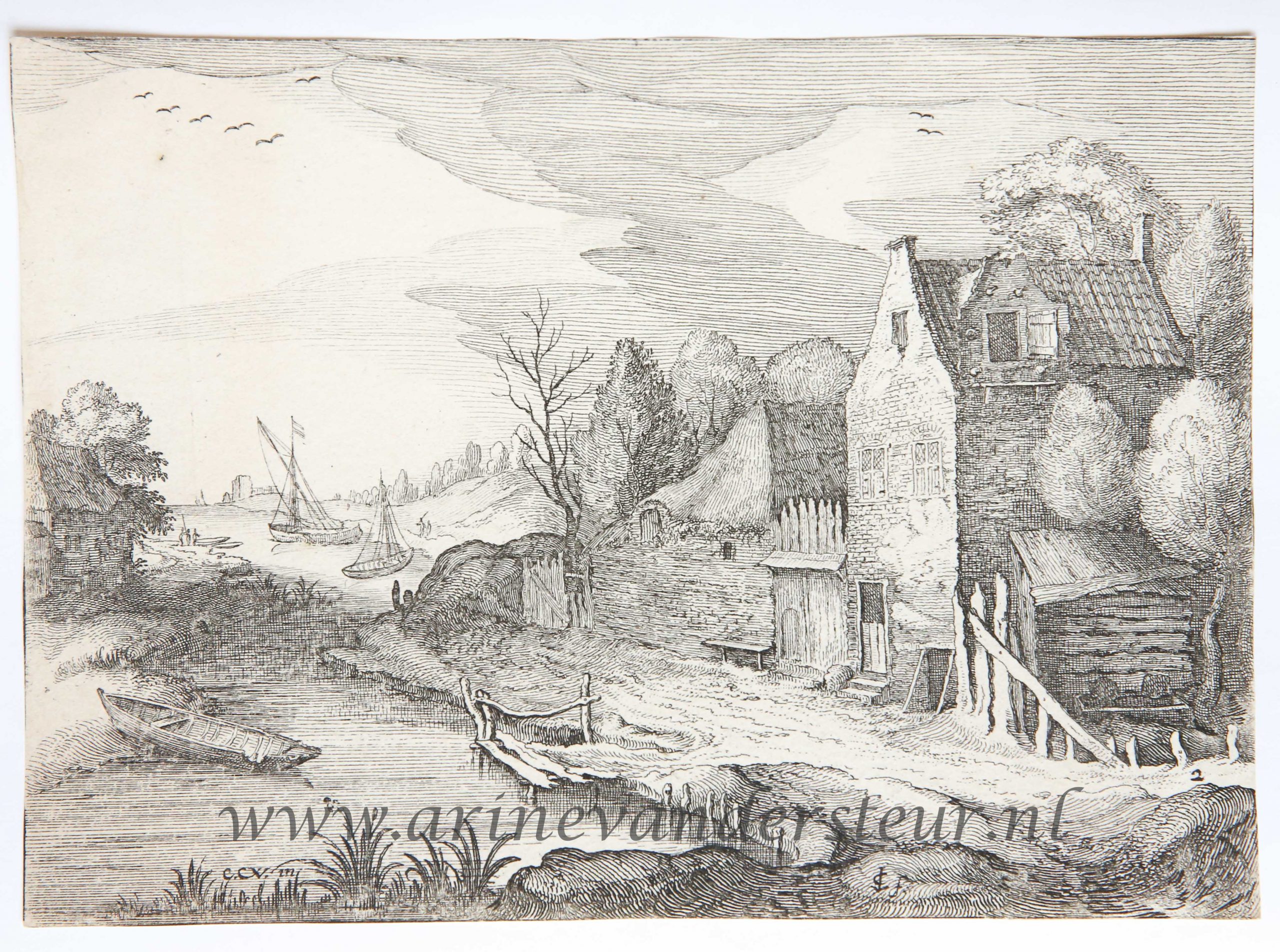 [Antique print, etching] Cottages along a river [AMAENIORES ALIQUOT REGIUNCULAE]/Huizen aan de oever van een rivier, published 1613.