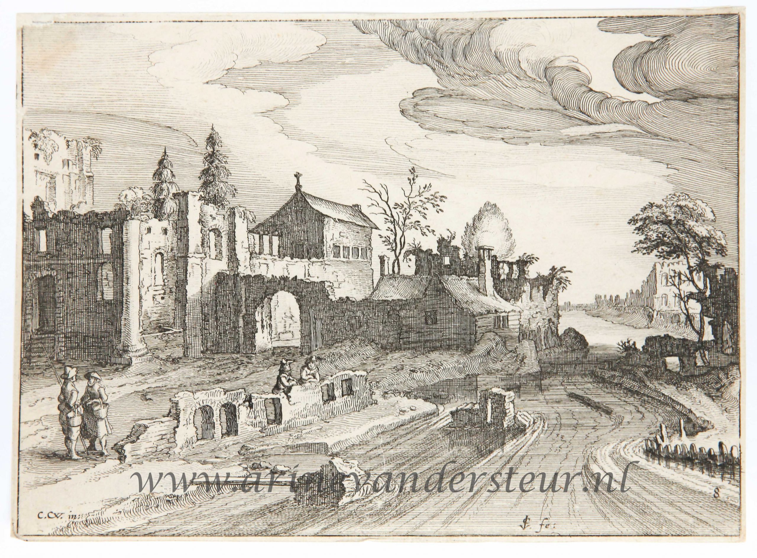 [Antique print, etching] Ruins and a cottage [AMAENIORES ALIQUOT REGIUNCULAE]/Ruines en huizen, published 1613.