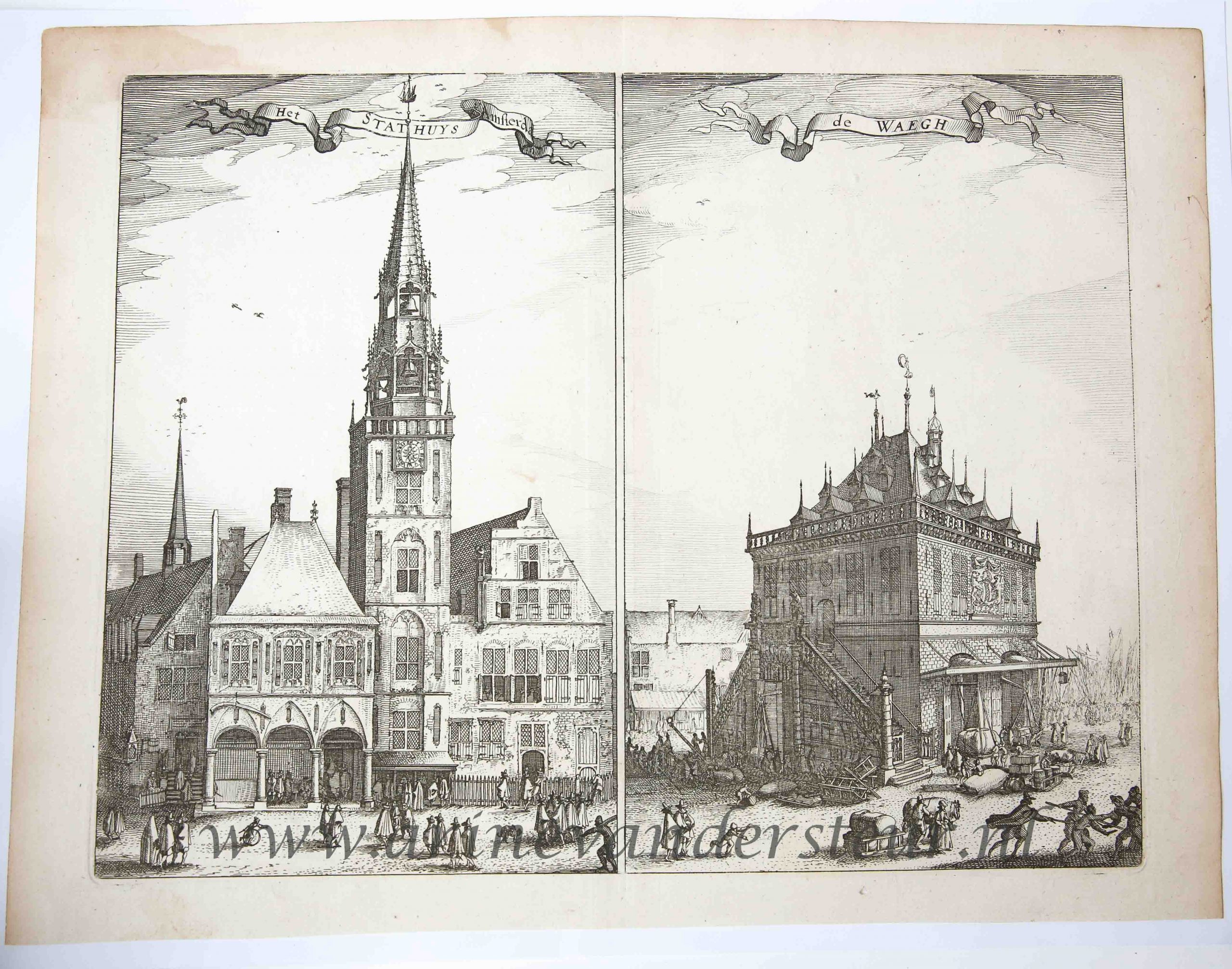 [Antique print, etching/ets] The town hall and the Waag / Stadhuis en de Waag op de dam in Amsterdam, published ca. 1612-1648.